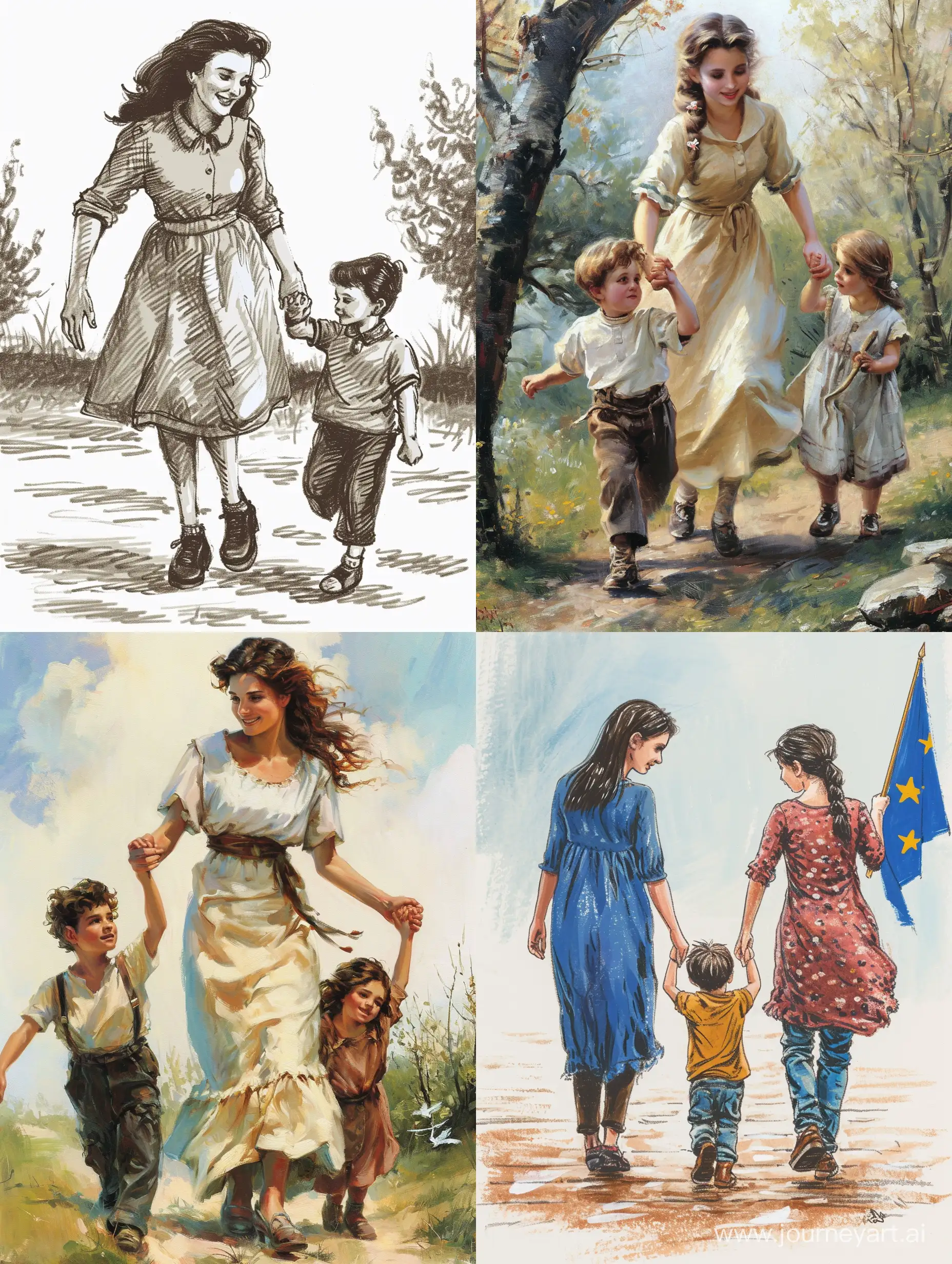 Happy-European-Mother-Leading-Children-Hand-in-Hand