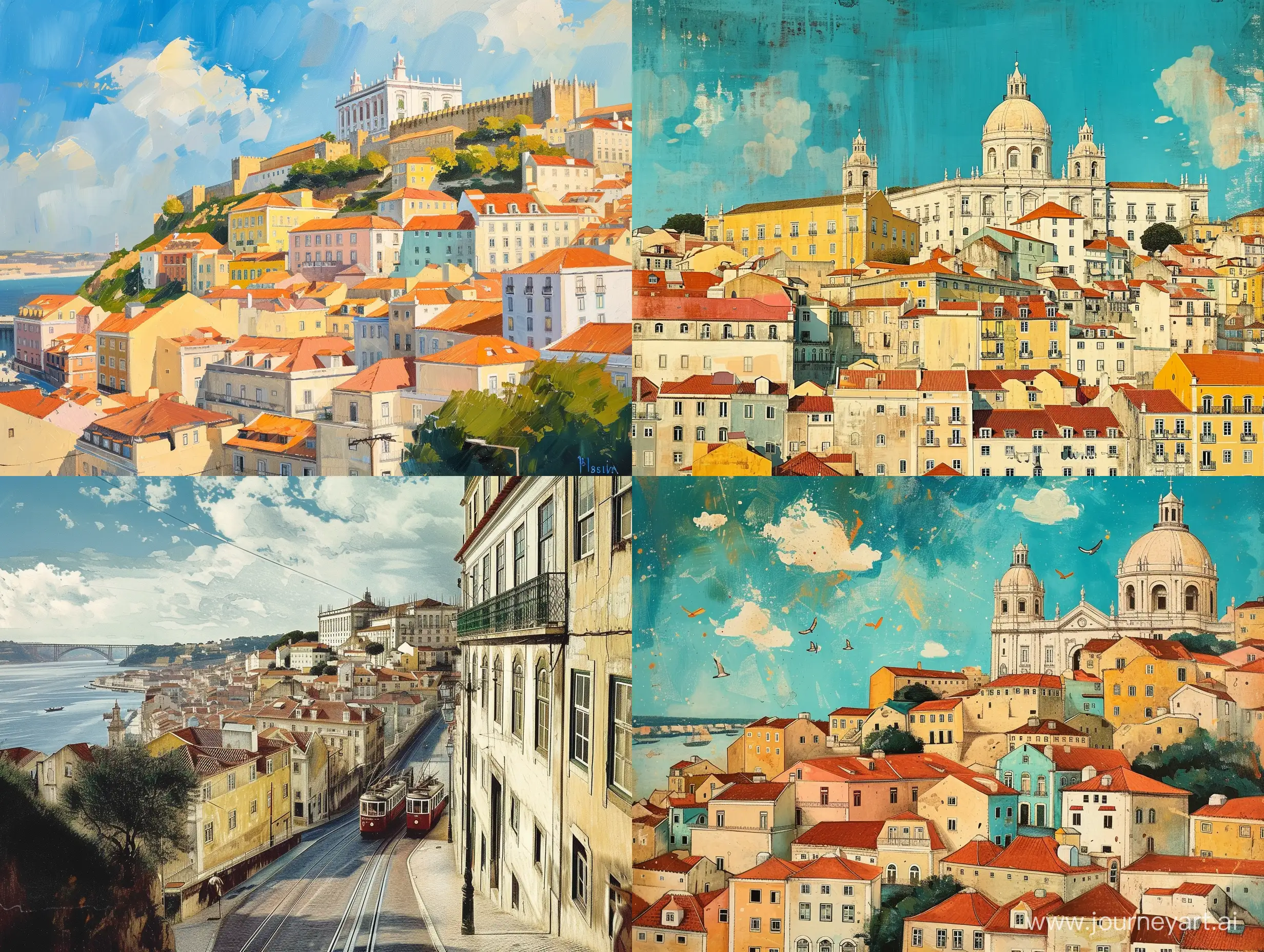 The city of Lisbon, an illustration for a vintage magazine in oil paints