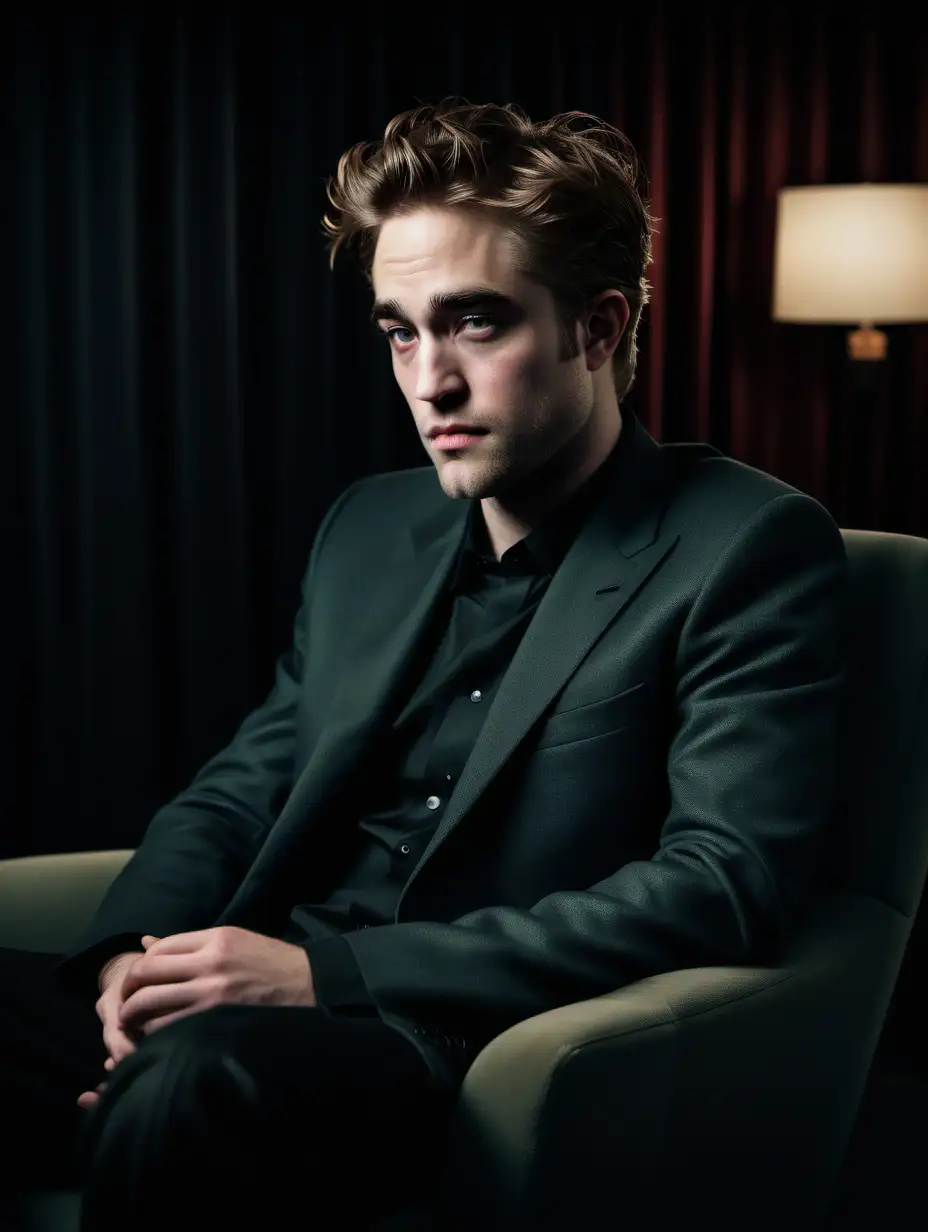 Cinematic Portrait Young Robert Pattinson in Serious Interview