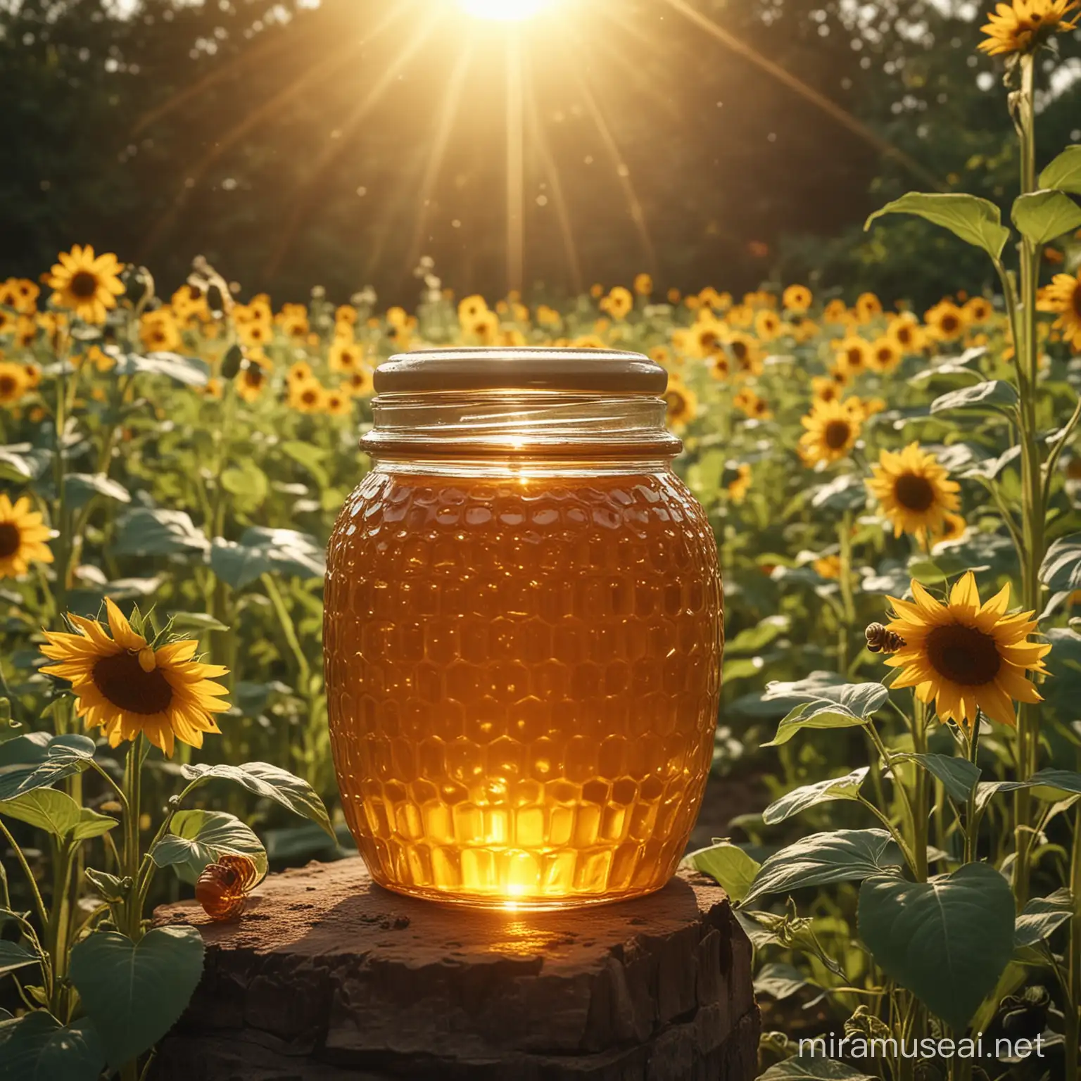 honey jar in sunflower garden, cinematic lightening, very beautiful. ultra details