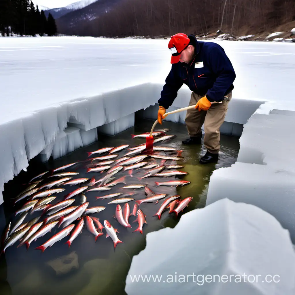 32 tons of mountain trout are released beneath the ice