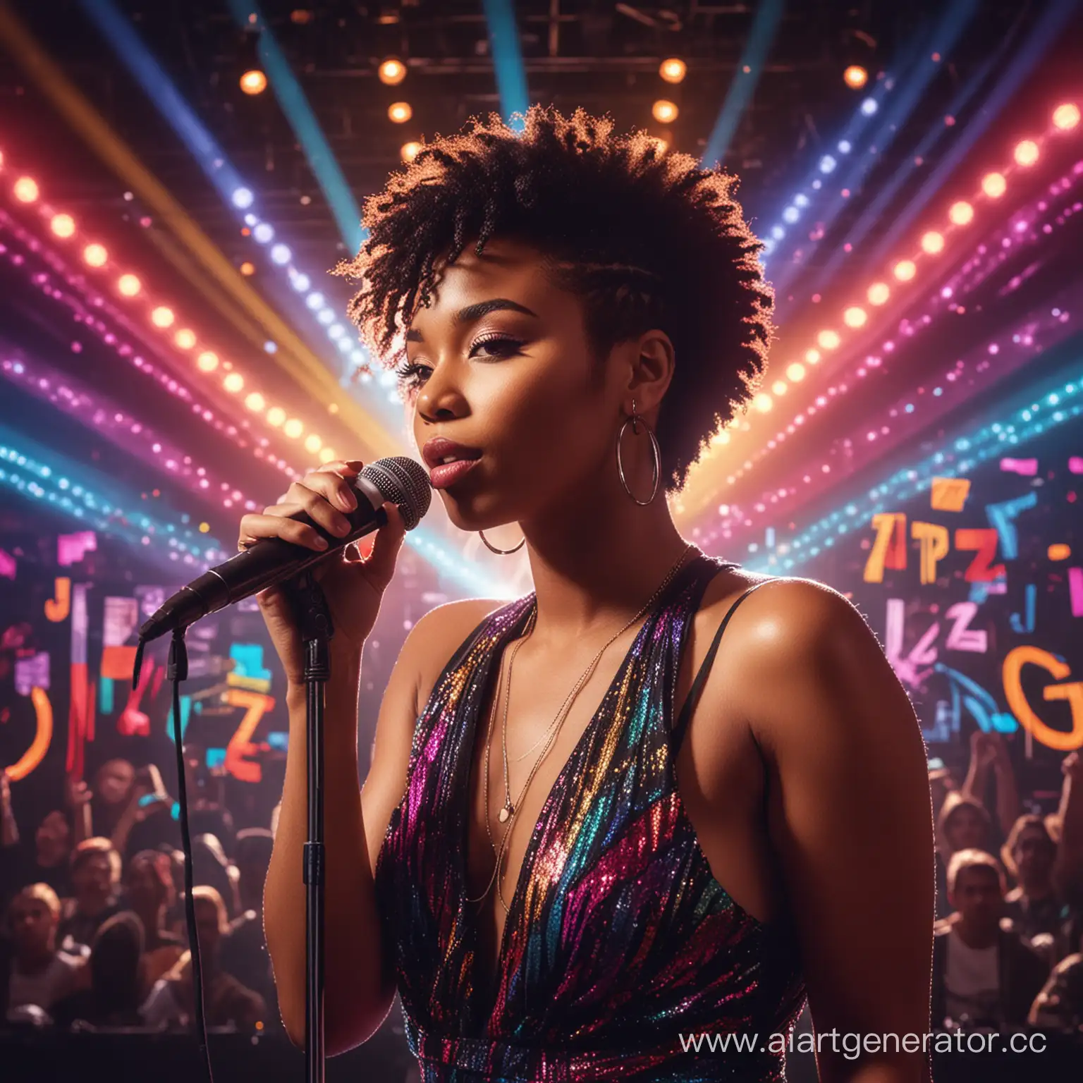  An image of the singer on stage with a microphone, surrounded by colorful lights and graphics representing different music genres (pop, jazz, rock, R&B, etc.). The singer is confidently transitioning between styles, captivating the audience with their versatility.