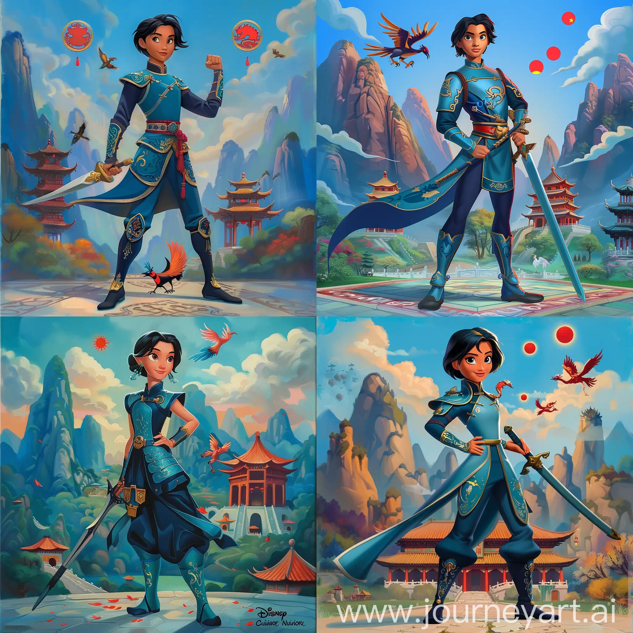 Historic painting style:

a Disney handsome Prince Gabriel Nuñez, from Elena of Avalor cartoon, he has black short hair, he wears marine blue and dark azure color Chinese style medieval armor and boots, he holds a Chinese sword in right hand, 

Chinese Guilin mountains and temple as background, small phoenix and three small red suns in blue sky.