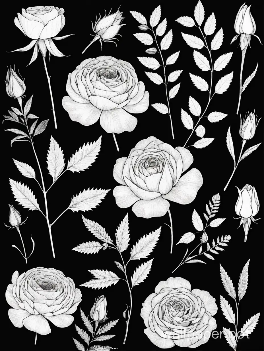 Pressed wildflowers, Boho roses Cottagecore, Vintage Botanical, Floral Nature, monochromatic, lineart, black background, sticker art