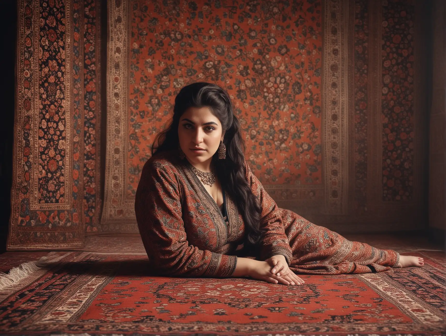 cinematic lighting, cinematography, surreal, retro fat persian woman,  Persian rugs, portrait,  spring season