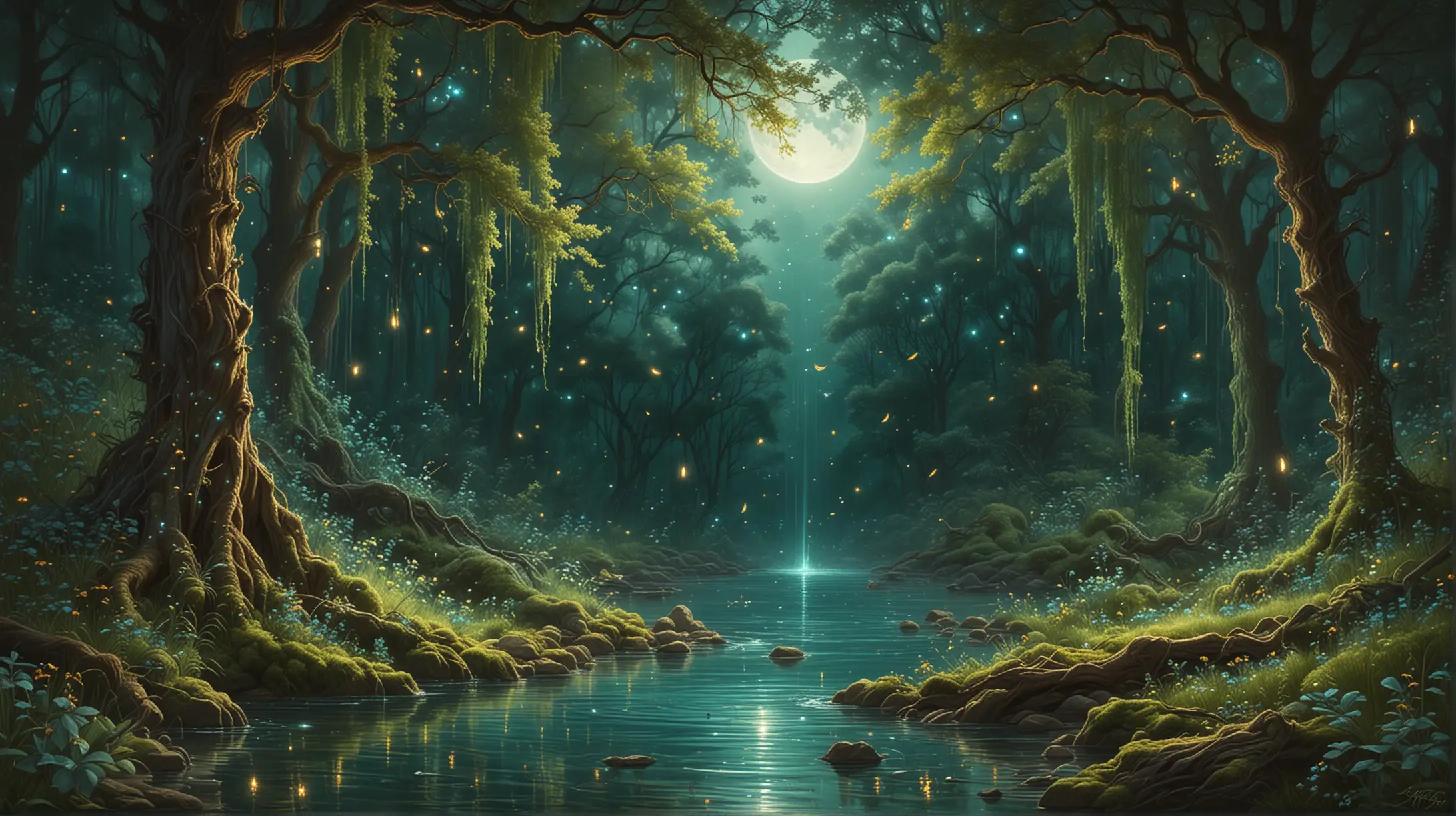 the fountain of youth, waterfall, shimmering pool of water hidden in a remote and mystical lush green forest with oak trees, ash dark turquoise background, moon, orions belt, stars, starfall, pastel colors, vintage, kerem beyit, by Daniel Merriam, esao andrews, ornate, by Kerembeyit, inspired by Daniel Merriam, by Jan Kip, fire flies, daniel merriam, highly detailed digital artwork, antique, vintage, dusty, and rugged illustration