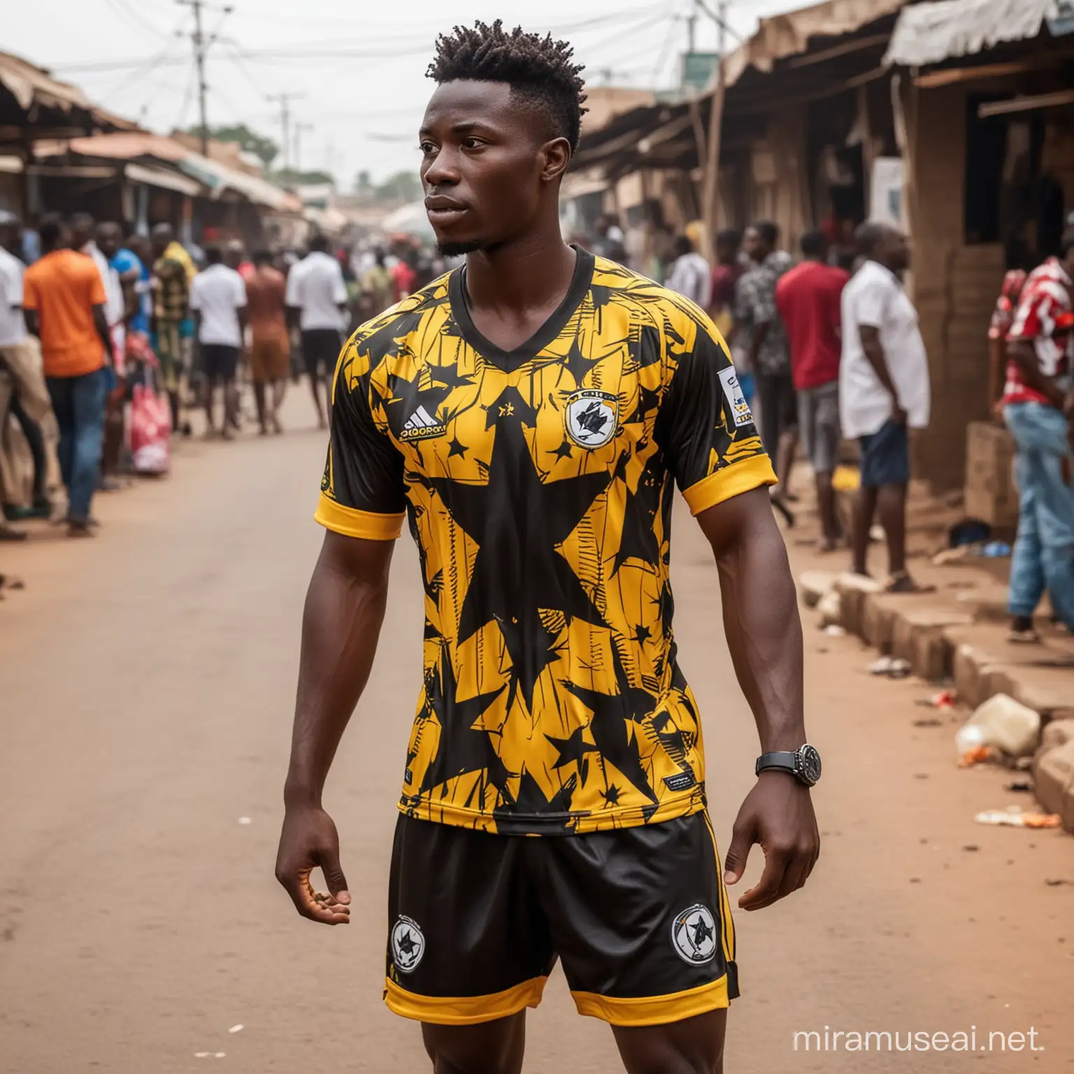 Generate a hyperrealistic Man in a GHANA black stars football jerseys on the streets of Makola market. I don't want it like a cartoon. It should look very real