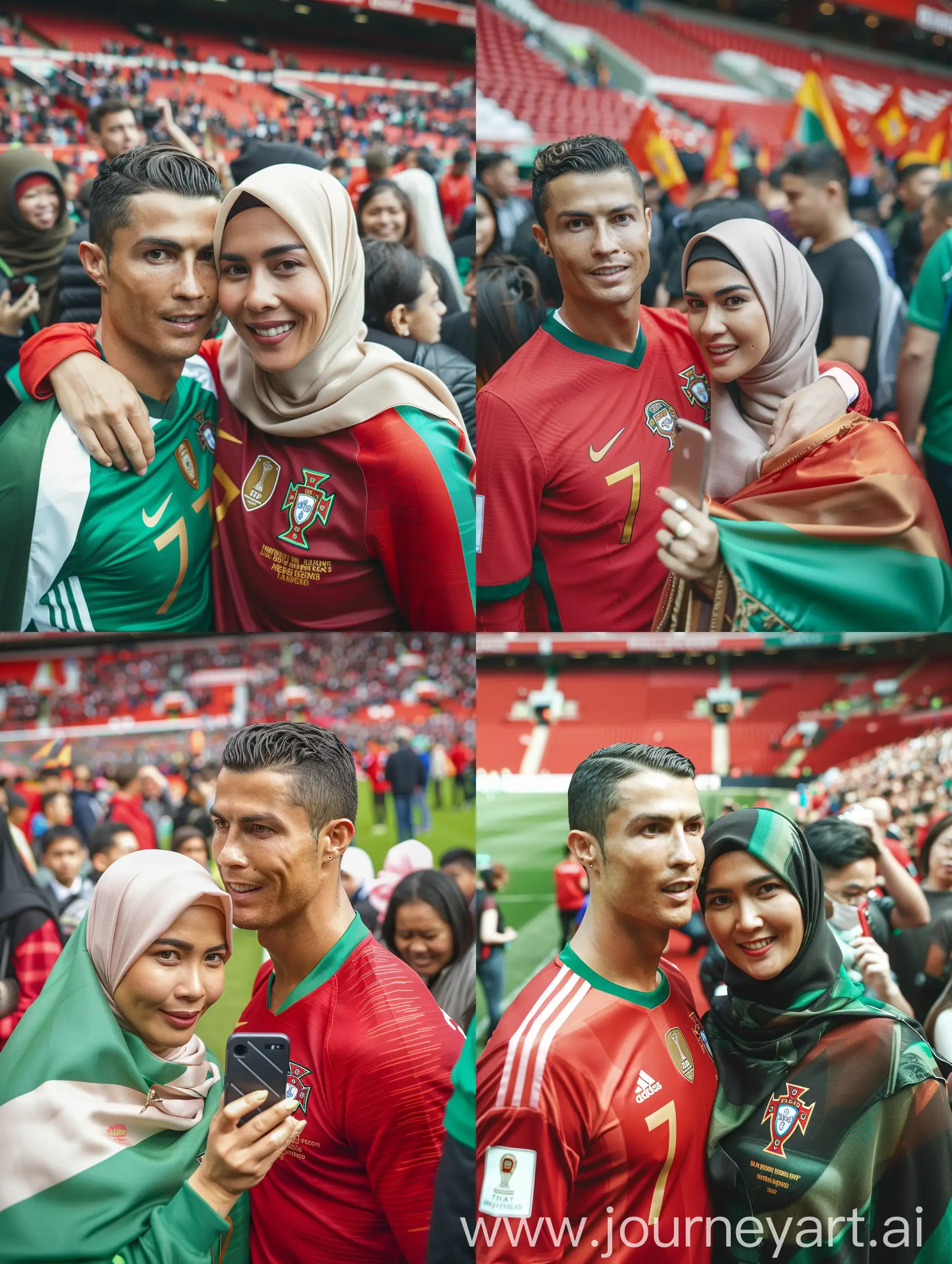 Potrait menghadap depan kekamera Seorang wanita cantik indonesia hijab mengenakan baju jersey portugal. Wanita itu sedang berfoto bersama seorang Cristiano Ronaldo yang mengenakan jersey Portugal.mereka berfoto di lapangan stadium old Trafford banyak orang. Kualitas 8K HD. foto asli.
