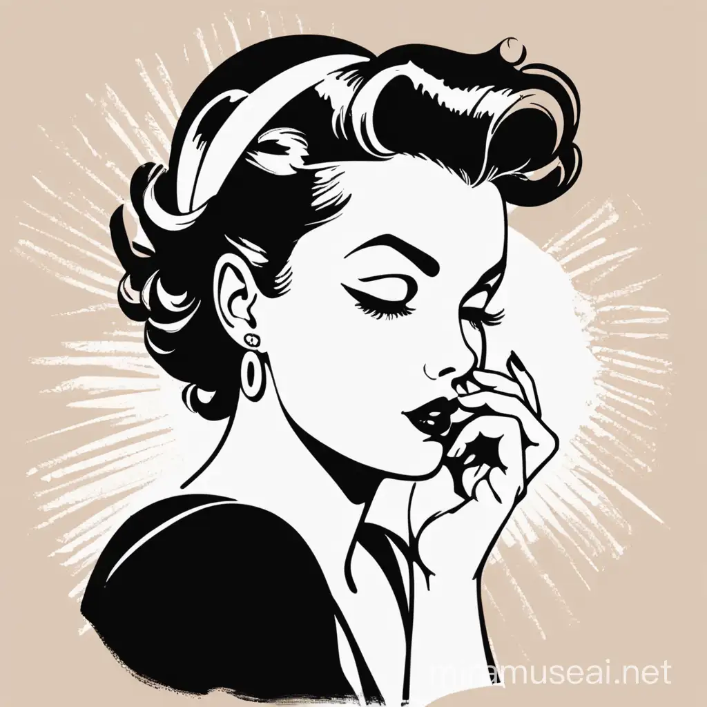 Vintage design, stencils, simple, minimalism, vector art,, Pinup style, Sketch drawing, flat, 2d, vintage style, Vintage lady He put his hands on his chin and sobbed, close-up