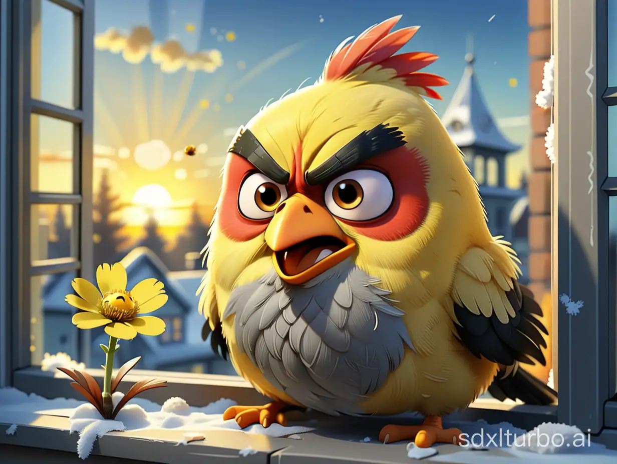 n angry bird is sitting on the windowsill outside of the window, holding a small yellow flower in its mouth, looking at the camera. It is winter outside, the sky is bright, the sunrise, the beautiful glow, there are many birds around, many details , cartoon style 