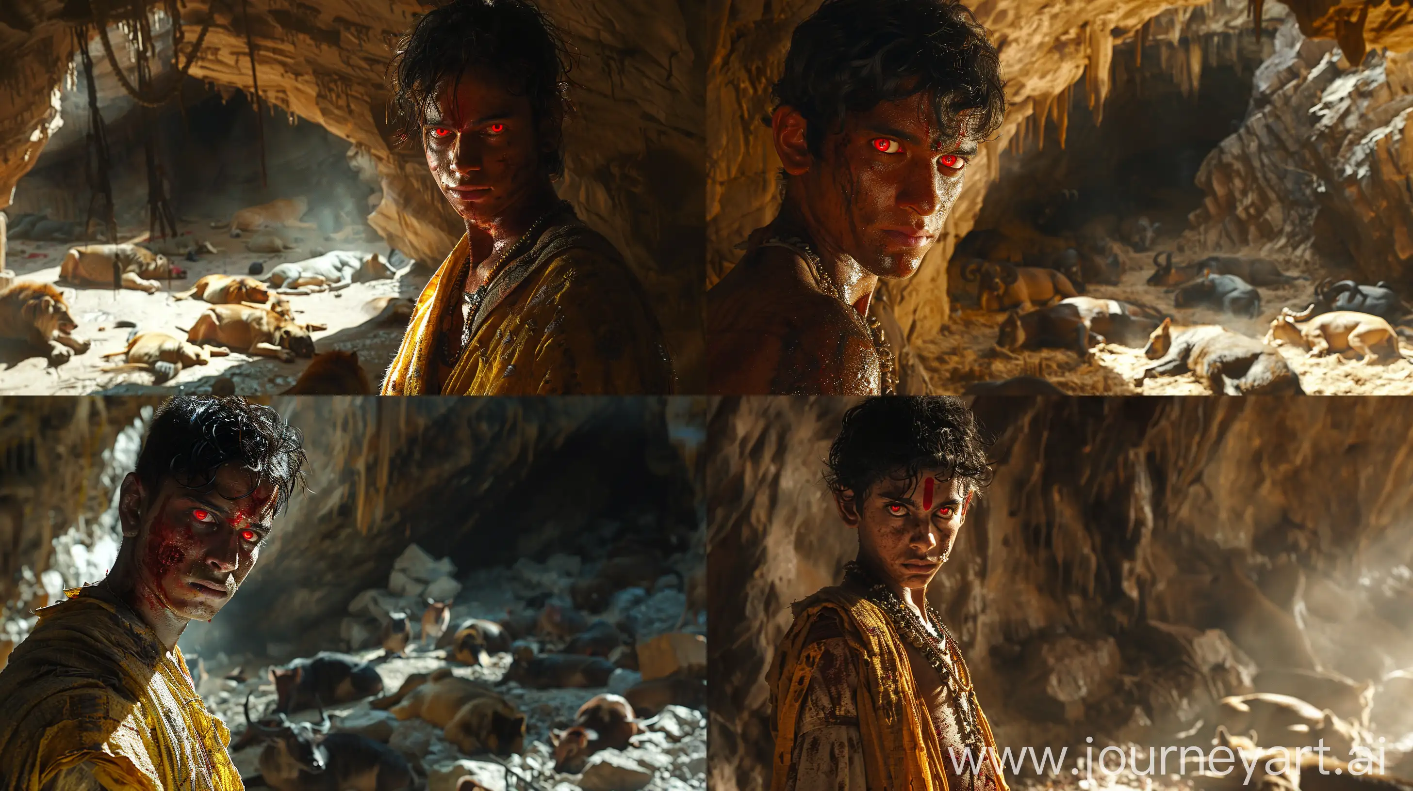 Cinematic, eerie image of a young antagonistic man from Ancient Indian history, situated in a gloom-ridden cave; his red eyes and an evil smirk, standing sideways facing the camera, meticulously-detailed, gleaming ominously in sparse, dim lighting, inside a darkish cave, wild animals lying down on the ground around him creating an ominous ambience. Intricate details, high resolution image --s 500 --ar 16:9 --v 6