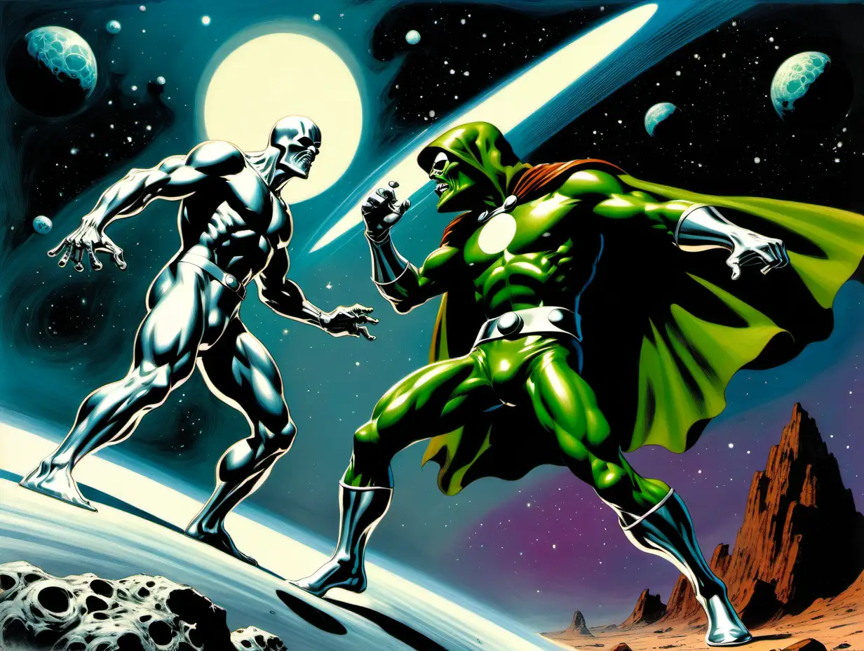 Frank Frazetta style Silver Surfer fights Doctor Doom in outer space