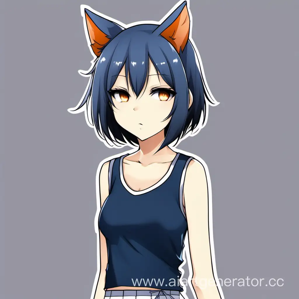 Anime neko-girl with fox ears and tail. She is tall and thin. She has short dark blue hair and she wears a sleeveless t-shirt and a skirt. She looks annoyed because she doesn't like people.