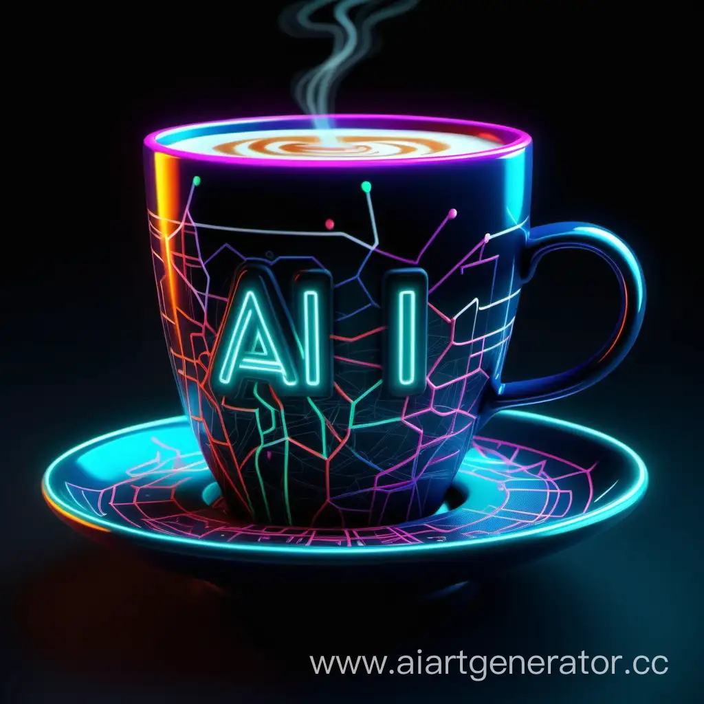 One cup, coffee with milk in it, in neon colors, neural connections run along the cup, logo "AI" on the cup, 8K, high quality detailing