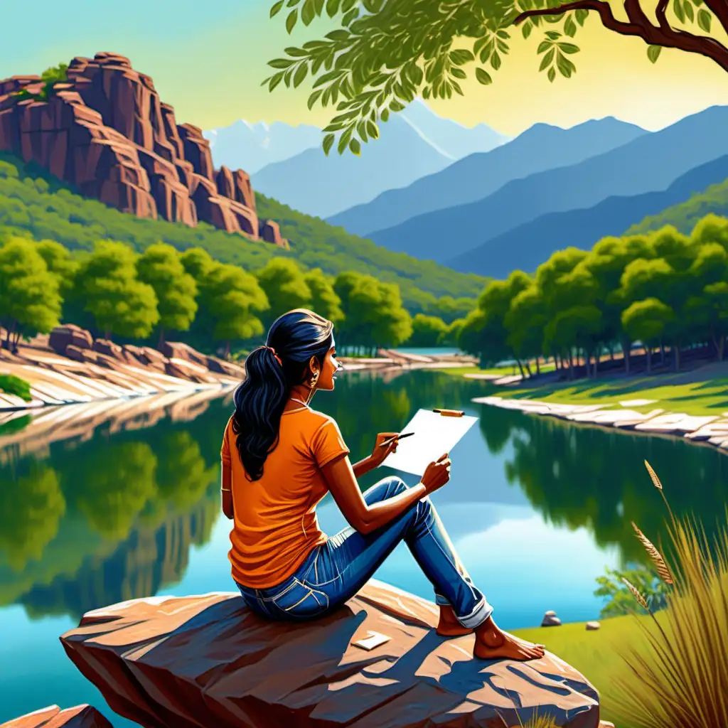 illustration  of a 40 yr old Indian woman wearing a top and jeans, painting , she is sitting on a rock under the tree near a natural lake, in front of mountains, , her back is to the screen
