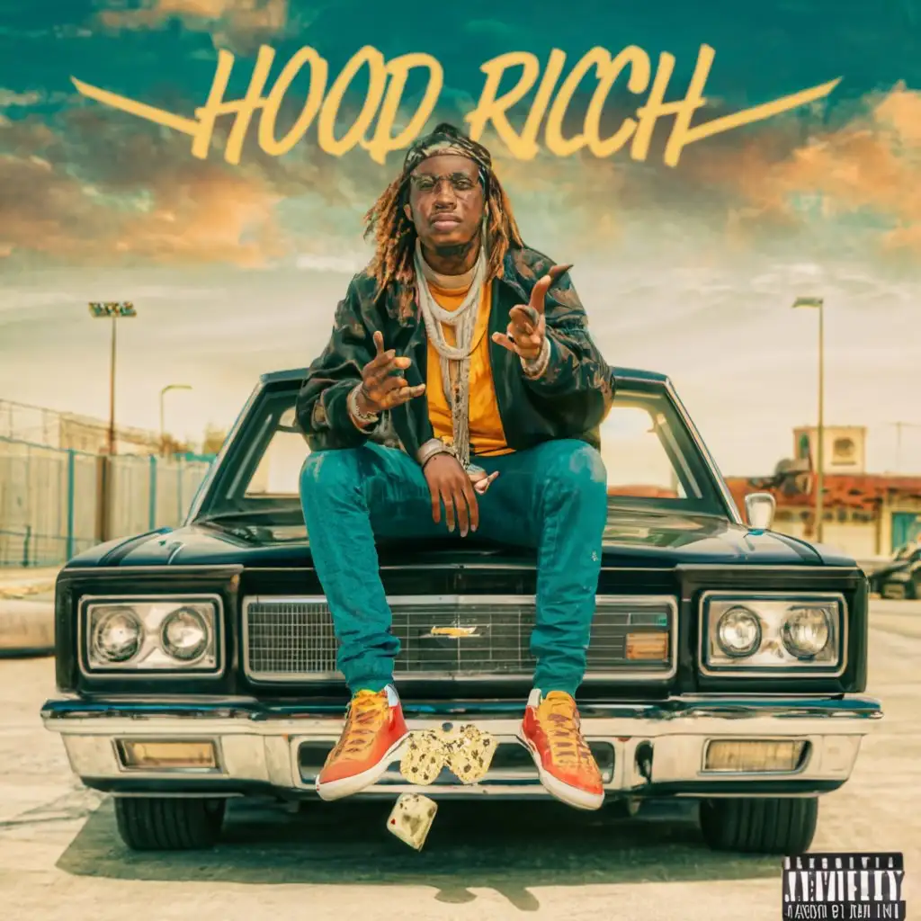 a logo design,with the text "Hood Ricch ", main symbol:Make my photo look real and something similar to 21 savage or future artwork also put a cutless and the back of the black with dreads also give me 10 pics"Hood Ricch" album cover: Guy with dreads, gold grill, counting money sitting in the hood, Chevy Cutlass, shooting dice.,complex,clear background