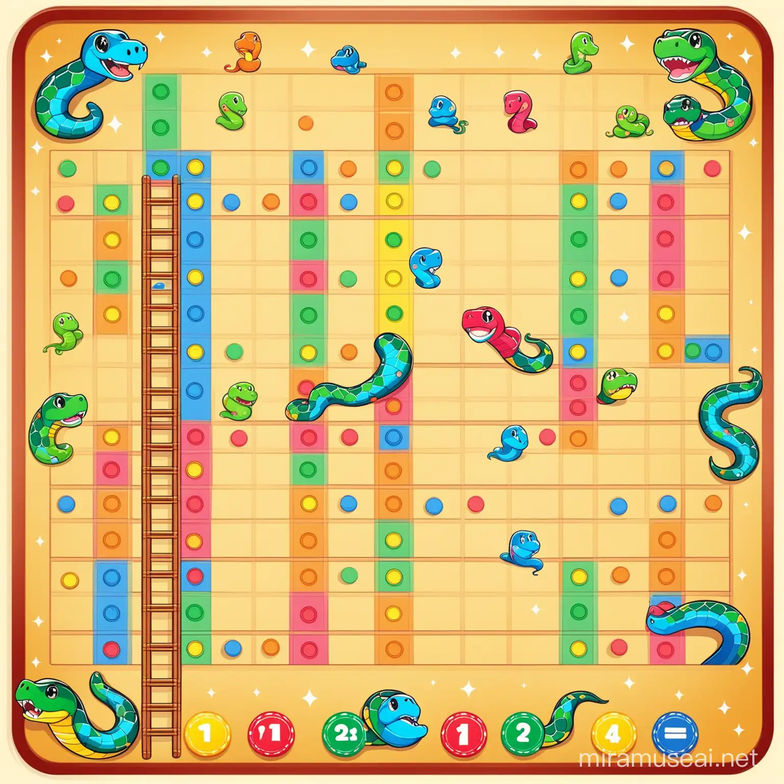 can you generate an image of of snake and ladder board game that is very fun, colorful and attractive to children. the image must not mentiuon that  it is a game of snake and ladder 