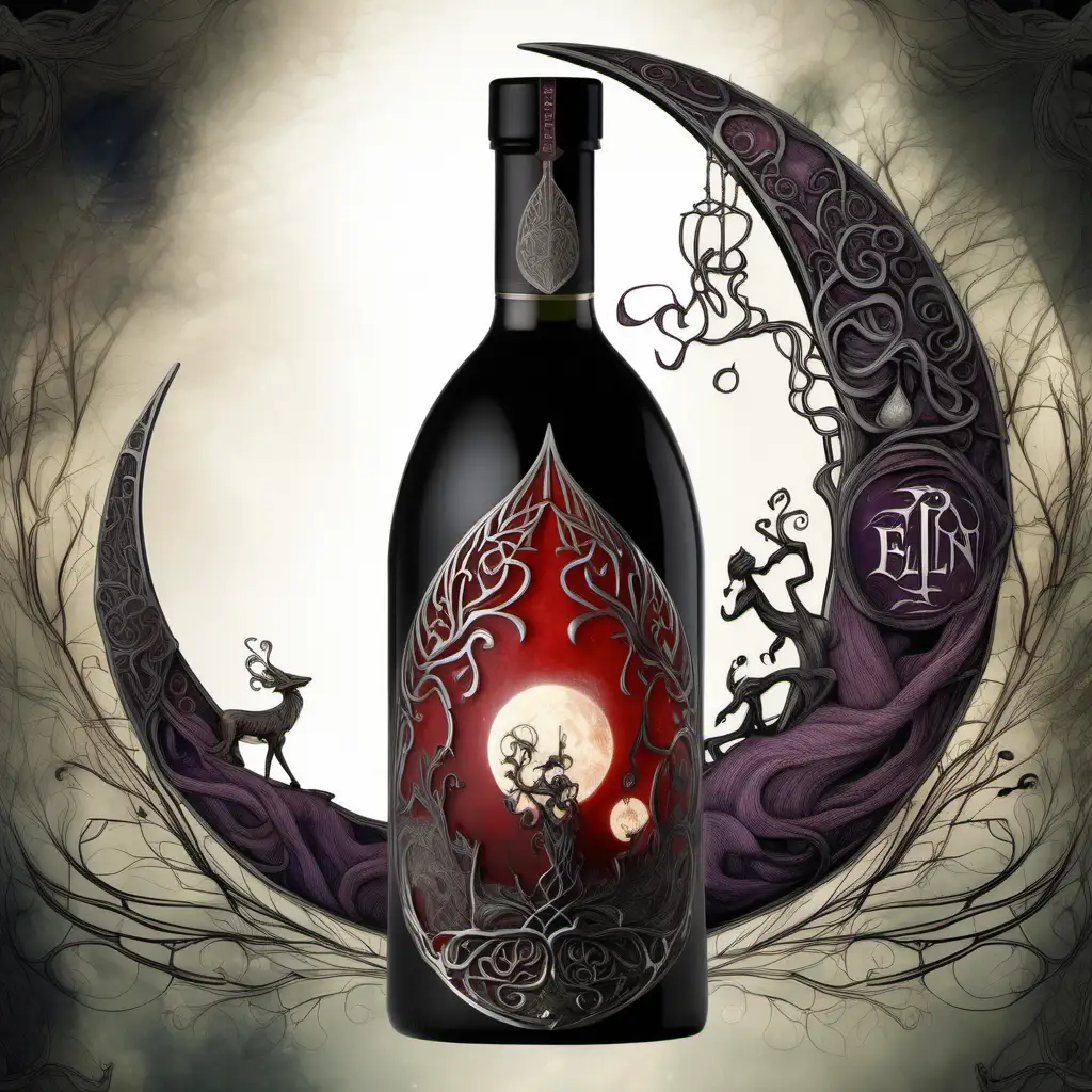 The hand-painted Dungeons and Dragons-style label of the Blodvin bottle unveils an exquisite masterpiece. The bottle itself is crafted from an ethereal glass that seems to capture the very essence of moonlight, casting a soft glow upon the deep crimson liquid within. Elven glyphs adorn the label, shimmering with an otherworldly luminescence, narrating tales of ancient battles and the honor of fallen heroes.

The bottle's neck is adorned with delicate silver filigree, resembling elven vines, creating an elegant and enchanting frame for the mystical elixir within. As one runs their fingers along the intricate patterns, a sense of reverence washes over, as if touching a relic of elven history.

The stopper, fashioned from a polished gemstone, emits a gentle glow, resonating with the magical aura of Blodvin. When uncorked, the aroma that wafts from the bottle is a harmonious blend of dark cherries, vanilla, and a hint of ancient oak, inviting the imbiber into a world of elven craftsmanship and arcane mastery.

The label bears the emblem of Elenria – a delicate depiction of a crescent moon cradling a blood-red grapevine. It serves as a visual testament to the intertwining of natural and arcane forces that birthed this extraordinary wine.

This hand-painted image captures not just the allure of the Blodvin but also the reverence with which the elves treat this sacred elixir. The bottle becomes a vessel for the history and tradition encapsulated within, inviting those who partake to embark on a journey through the annals of elven heritage.