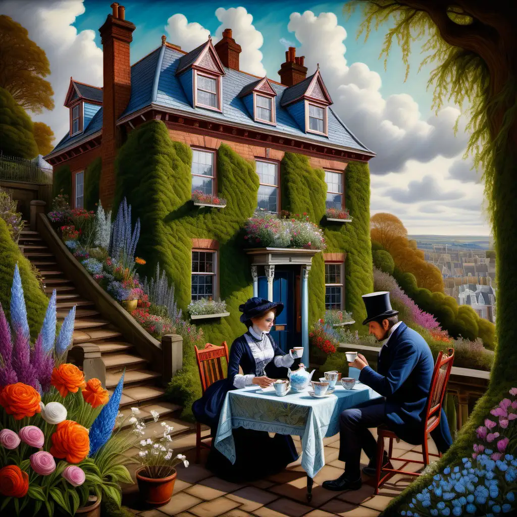 Victorian Couple Enjoying Tea in Courtyard with Detailed Hillside Home