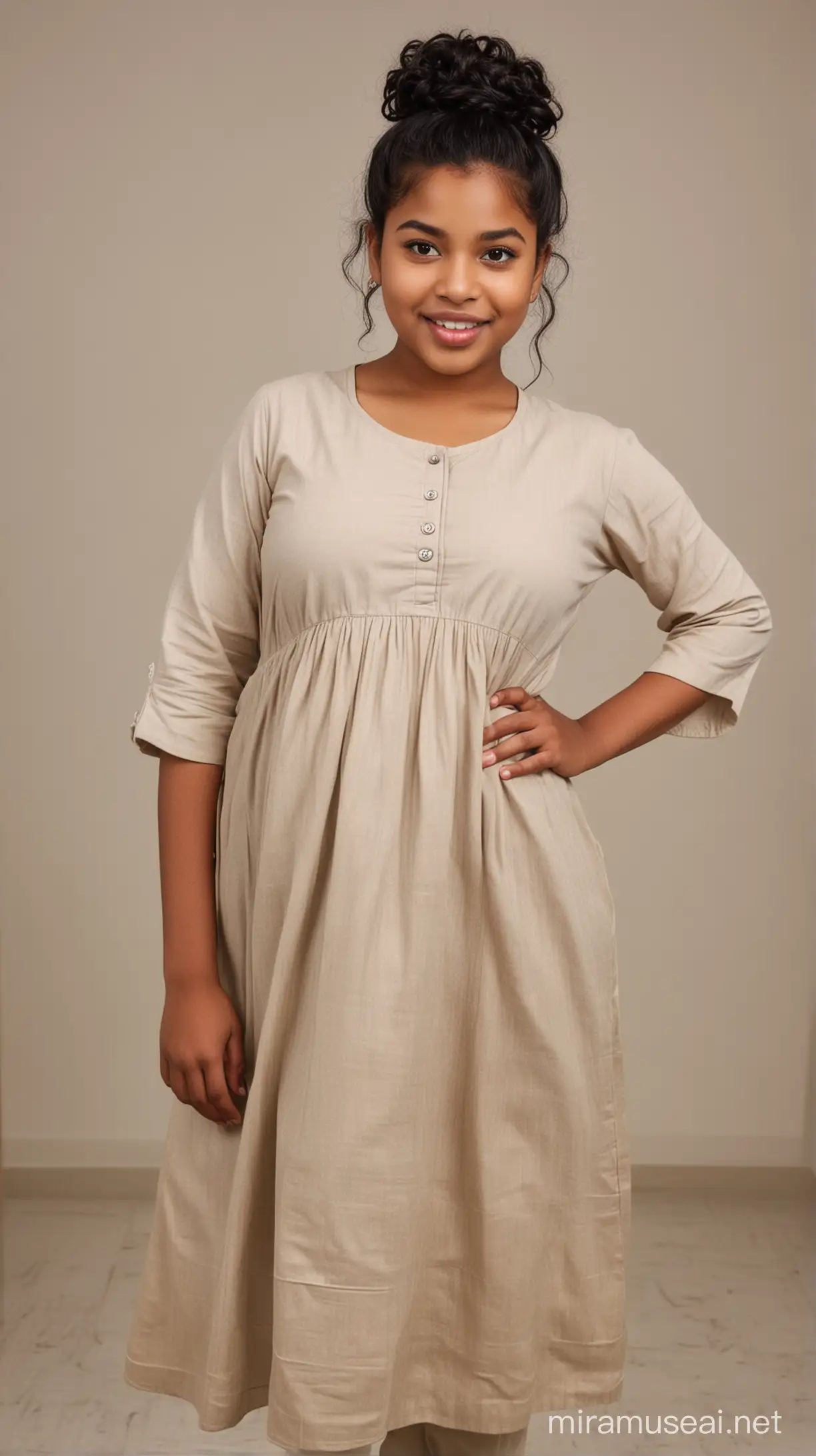 A 12 year old fat black woman with small eyes, wide lips, weak chin, small nose and long curly black hair with a bun at back who is 8 months pregnant wearing a kurti and standing in the doctor's clinic with a large belly