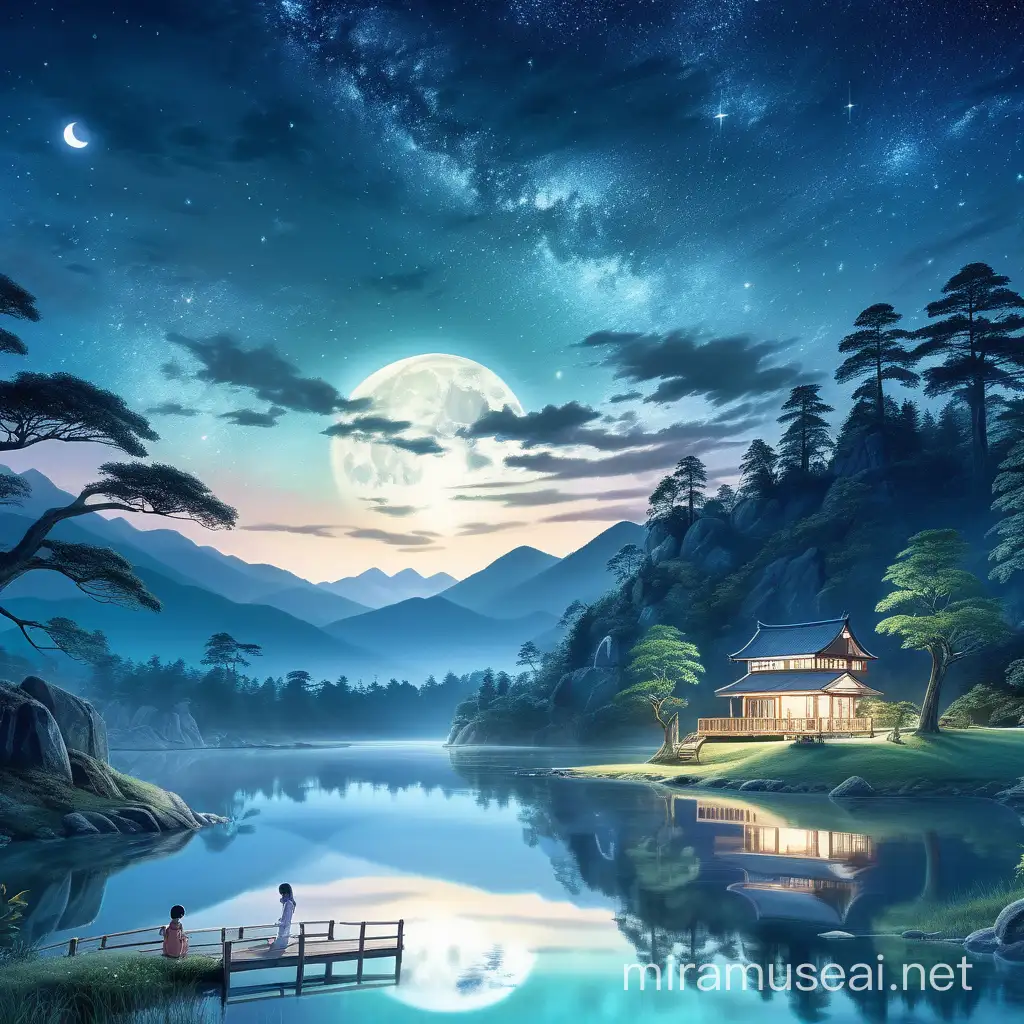 Create a stunning wallpaper featuring an enchanting anime-style landscape bathed in the tranquil glow of the moonlight. Let your imagination roam amidst lush forests, serene lakes, and perhaps a distant mountain range, all brought to life with the ethereal charm of the night sky. Capture the essence of tranquility and beauty in your artwork, inviting viewers to immerse themselves in a world of serene wonder