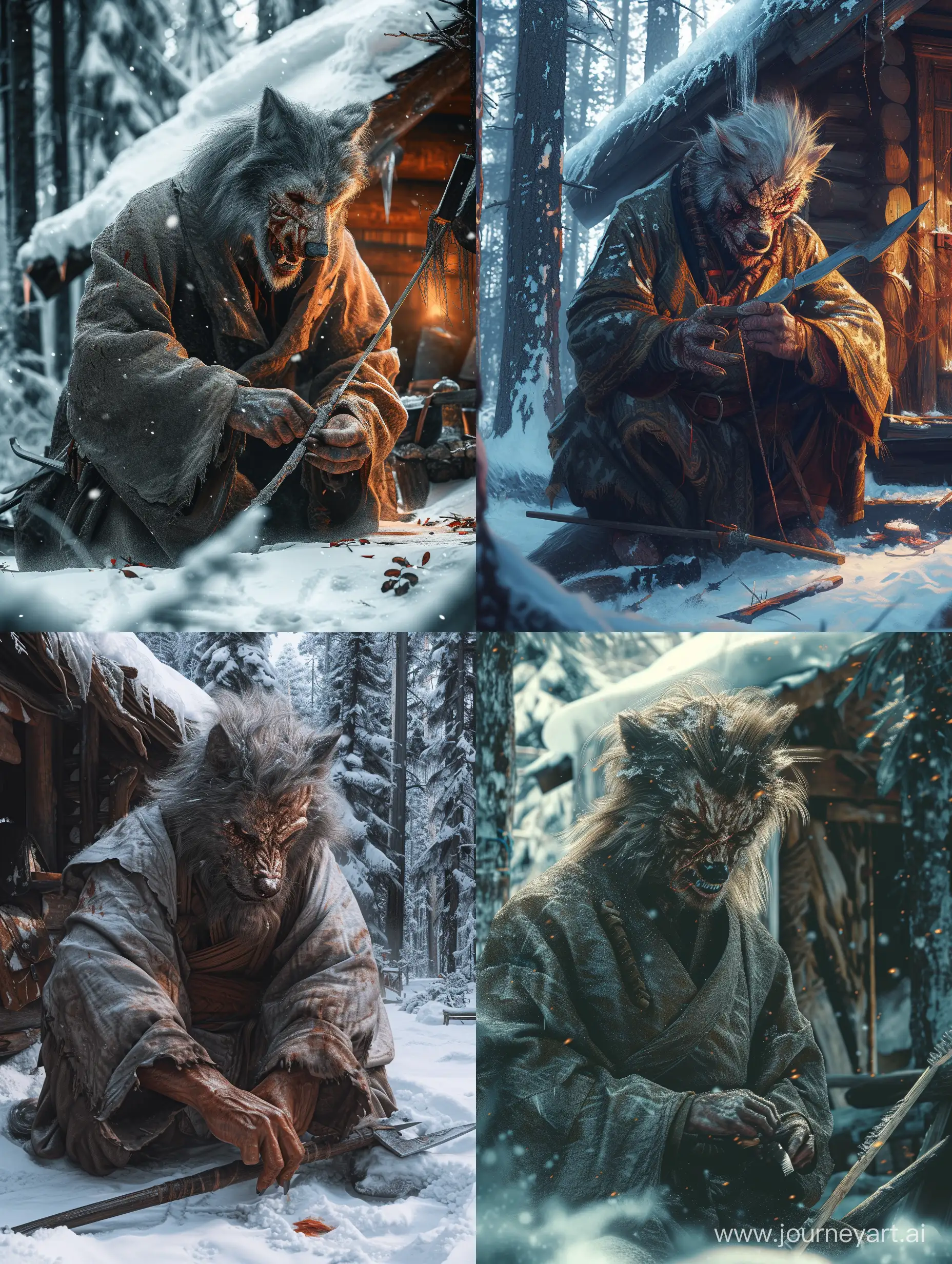 A Werewolf warrior,called " lonely wolf ",wearing a robe,A big old wound on face,in snowy forest,Next to the wooden hut,He is making a spear with a knife,wise,Detailed clothing.incredible detail,warm light.