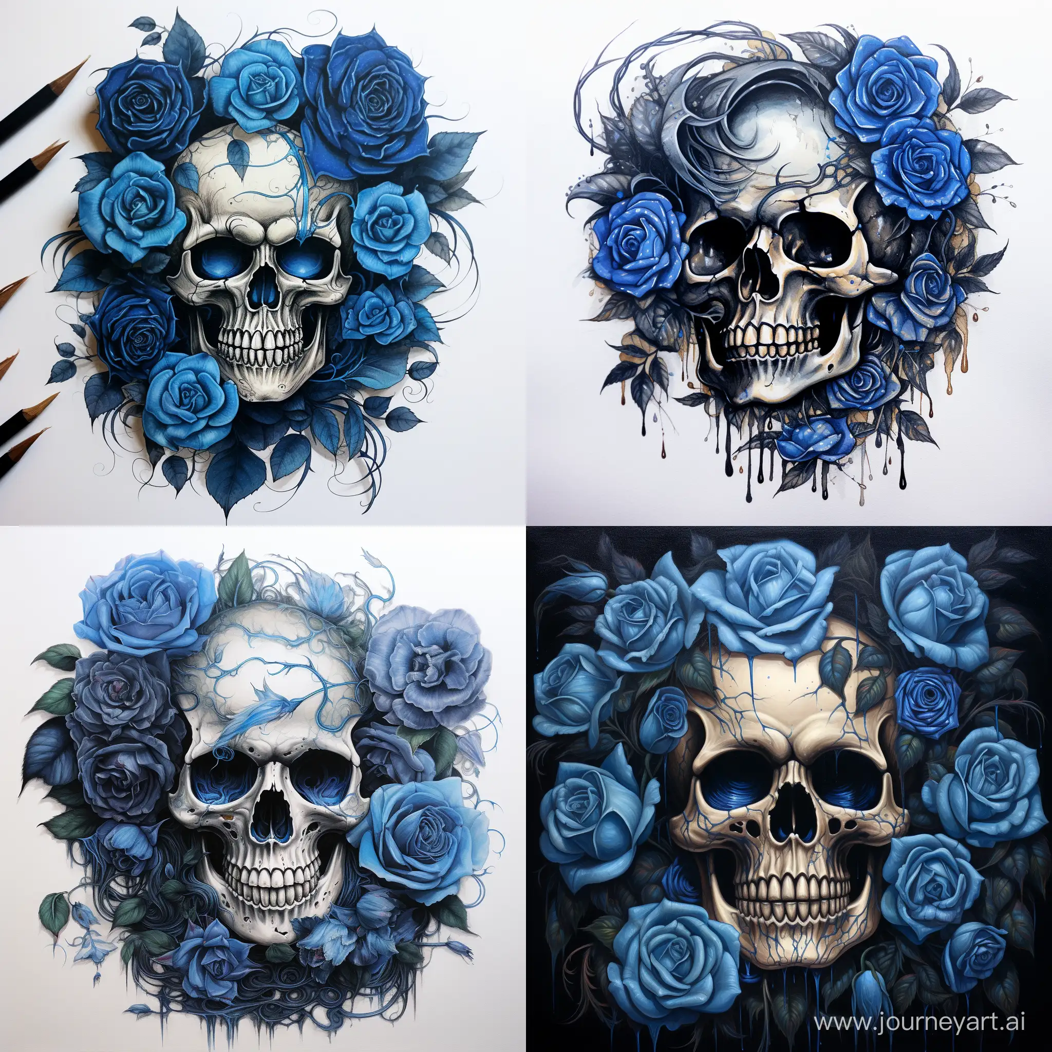 Черный череп и синие розы
