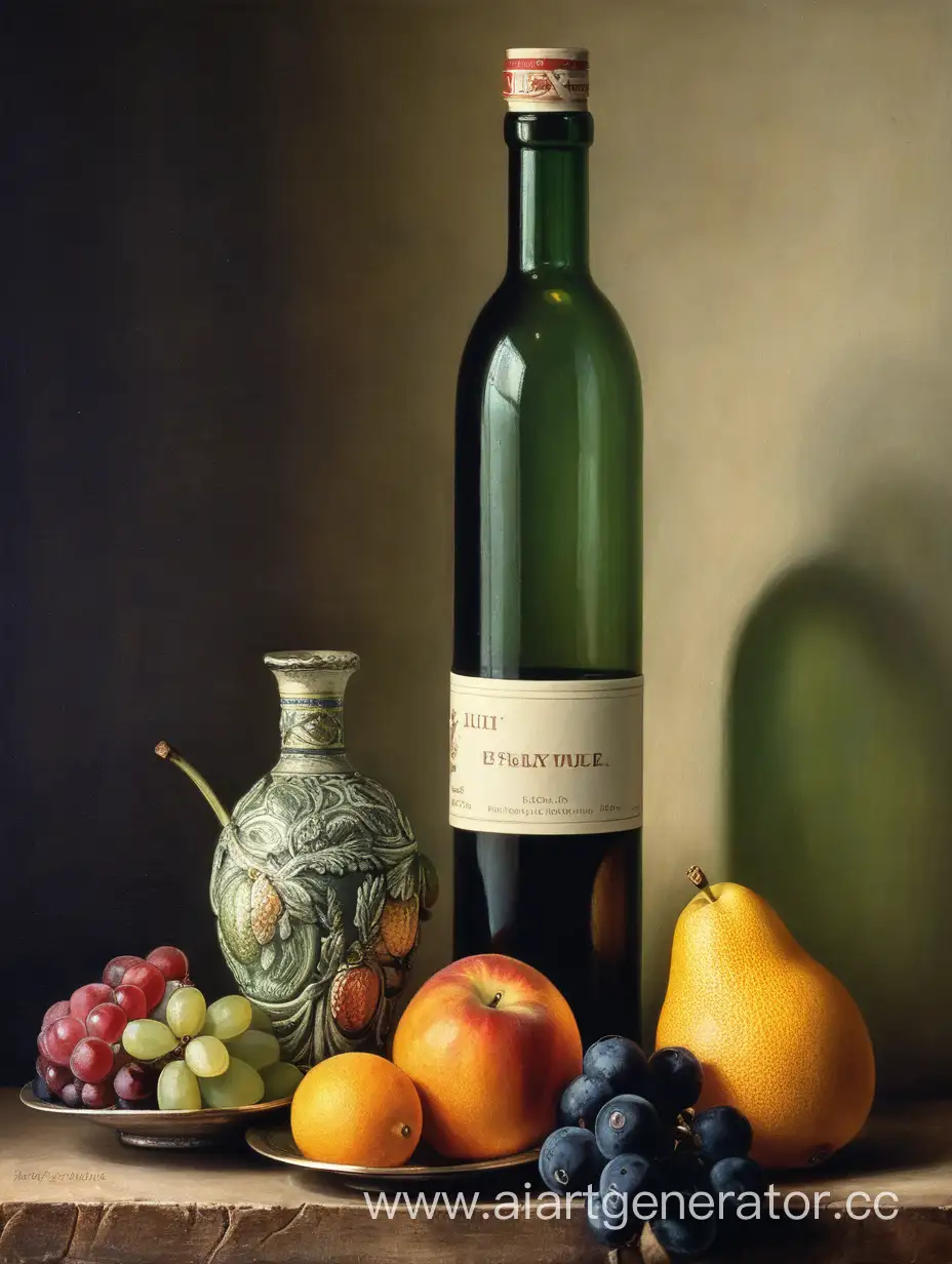 Голландский натюрморт, фрукты, одна бутылка,  простой, вечерний, экспрессия