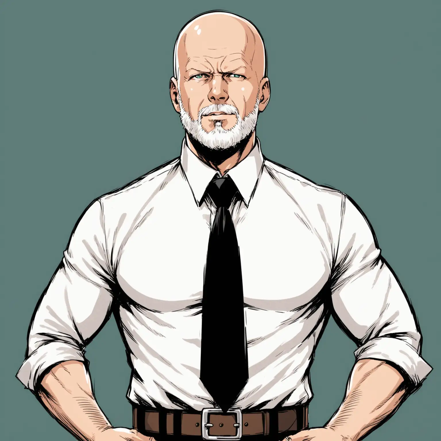 dans un style bande dessinée : 
homme avec les traits bruce willis.
cheveux mi-long blanc.
barbe blanche bien prononcé.
porte un pantalon noire.
porte une chemise blanche.
porte une cravate noire.
porte une ceinture marron.