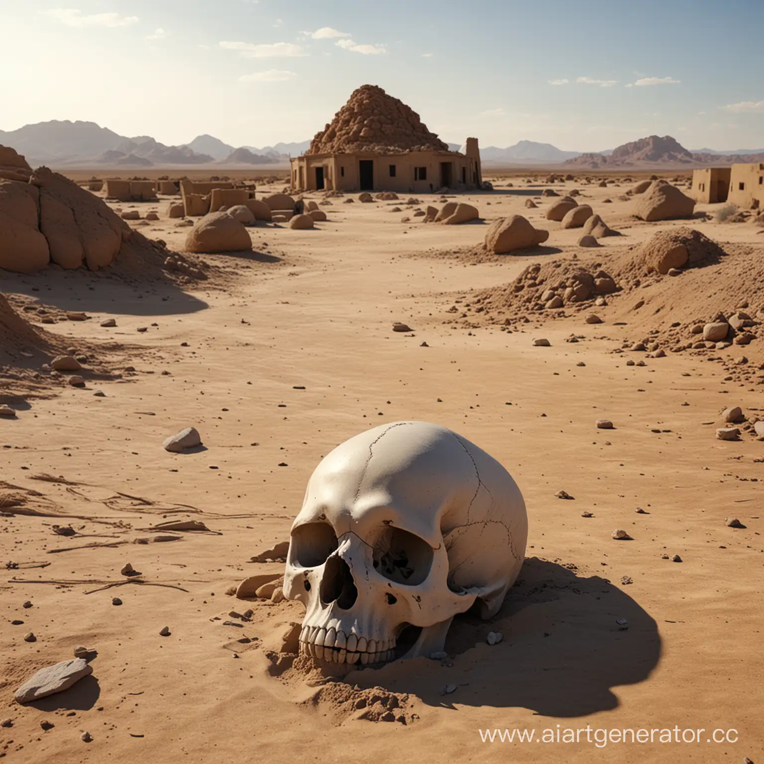 Realistic-Skull-in-Desert-Landscape-with-Abandoned-Village