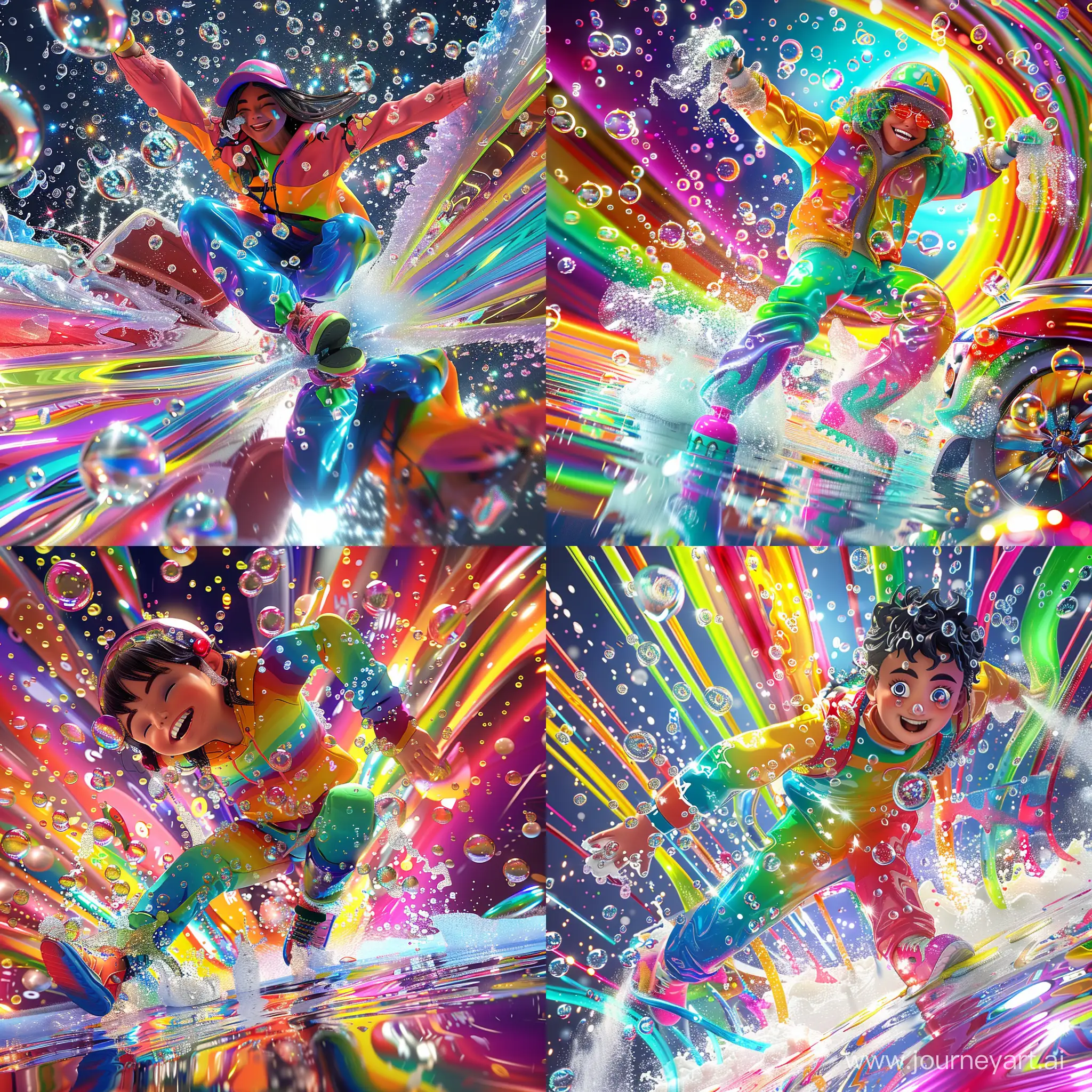 3d render of A vibrant poster featuring an animated person wearing bright, energetic colors, with a big smile on their face as they energetically clean a shiny car. The person's movements are dynamic, with bubbles and streaks of water flying around, giving the impression of speed and enthusiasm. The background is filled with colorful bubbles, soap suds, and sparkles, adding to the lively atmosphere of the scene. Overall, the poster radiates energy and enthusiasm for car cleaning!