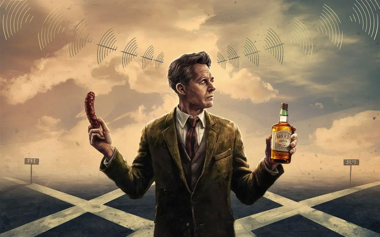 Man-Holding-Sausage-and-Whiskey-Bottle-at-Crossroads-with-Radio-Waves