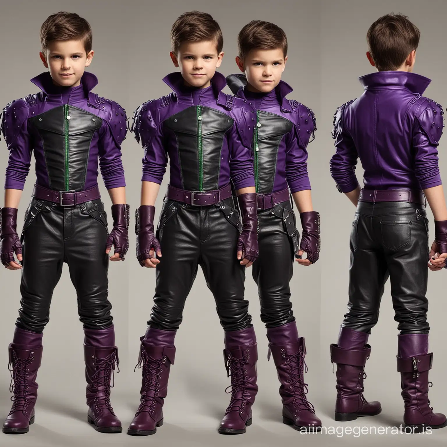 Create a villain outfit for a strong 8 year old boy villain with abs, cool, wicked, leather, shorts, comfortable yet intimidating, various shades of purple with hints of both green and red, both red and green should be included in every outfit but purple should be the main color, the boots should also be coloured and match the outfit