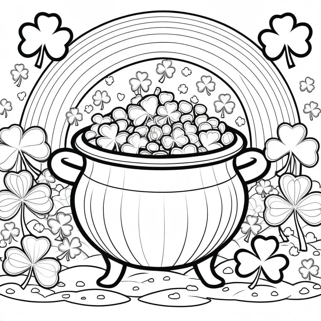 coloring book for kids, st Patricks day, shamrocks, rainbow with no color, pot of gold, cartoon style, thick lines, low detail, no shading, -- ar, 9:11