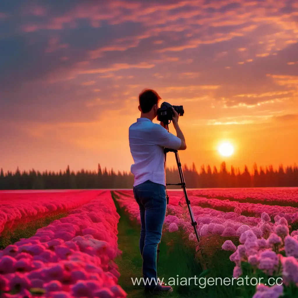 Professional-Photographer-Capturing-Beautiful-Woman-in-Sunset-Flower-Field