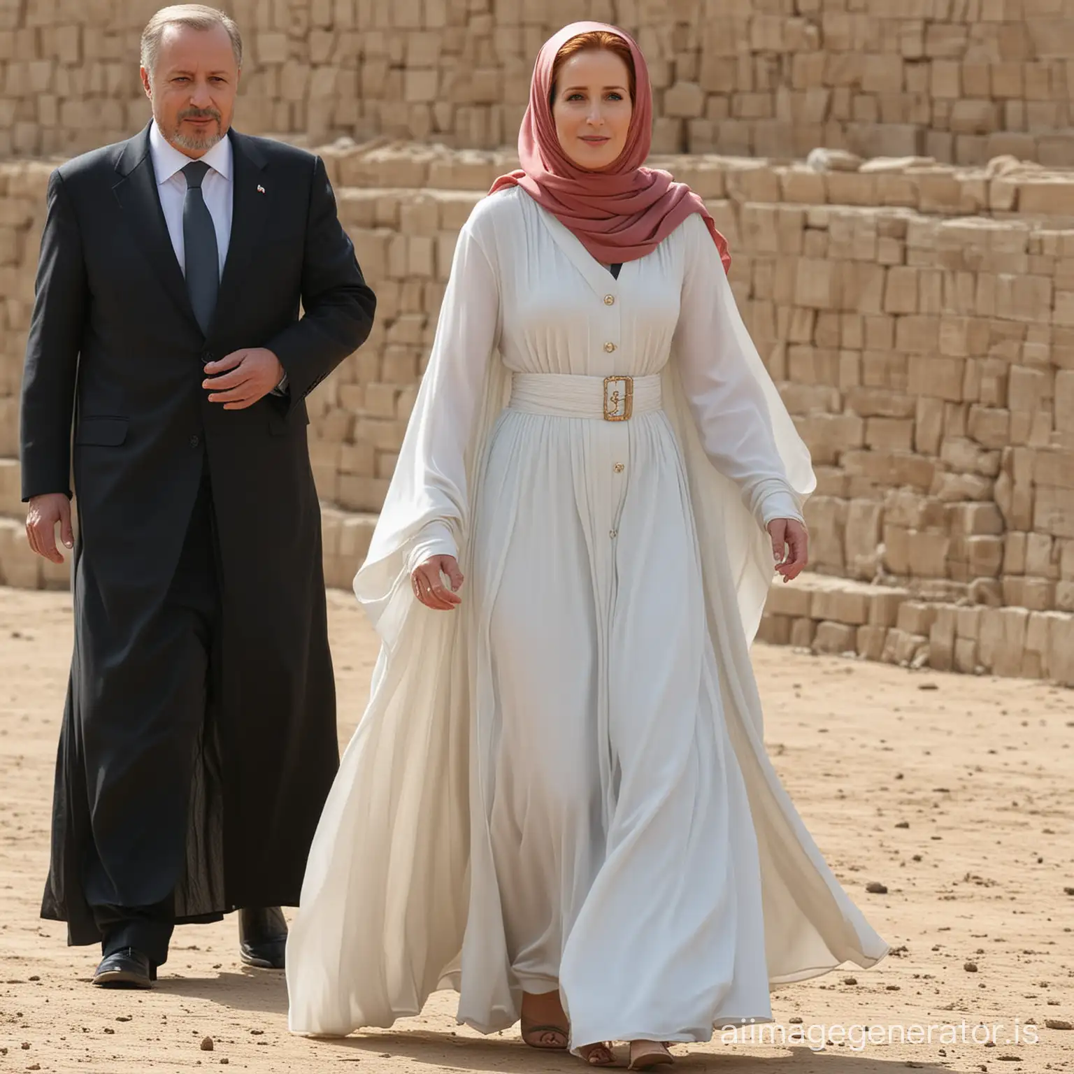 red haired Gillian Anderson wearing a hijab with floor length jilbab and long flowing outer abaya hand in hand with president Erdogan
