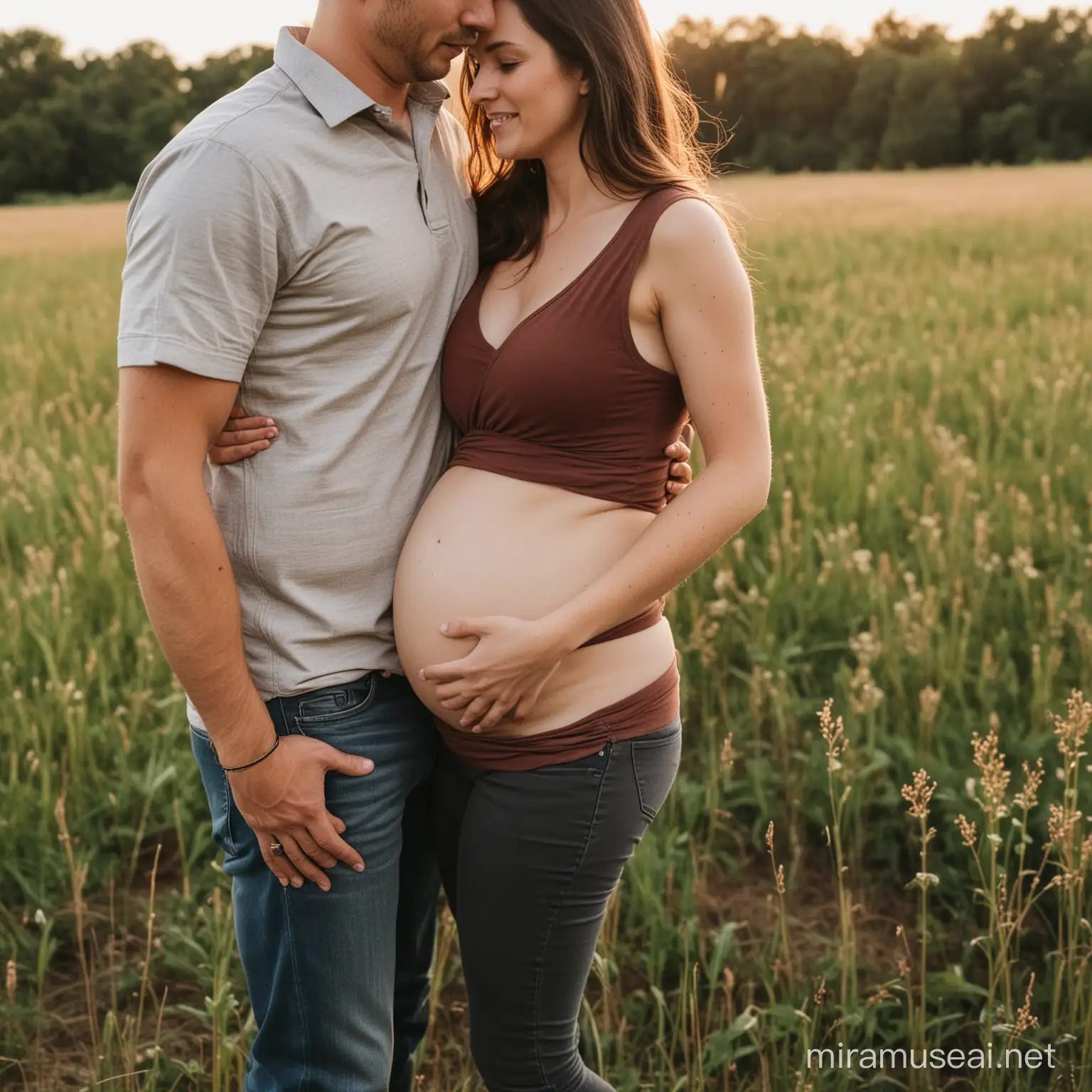Outdoor Pregnancy Photoshoot Partners Loving Embrace in a Field