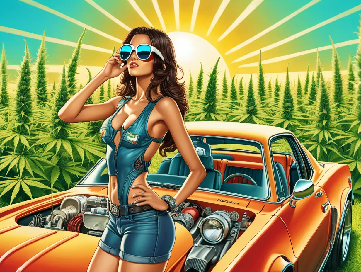 A Sexy Exotic Female Mechanic wearing sunglasses in a field of cannabis, standing in front of a Hot Rod, with rich colors, futuristic look, bright sun colors
