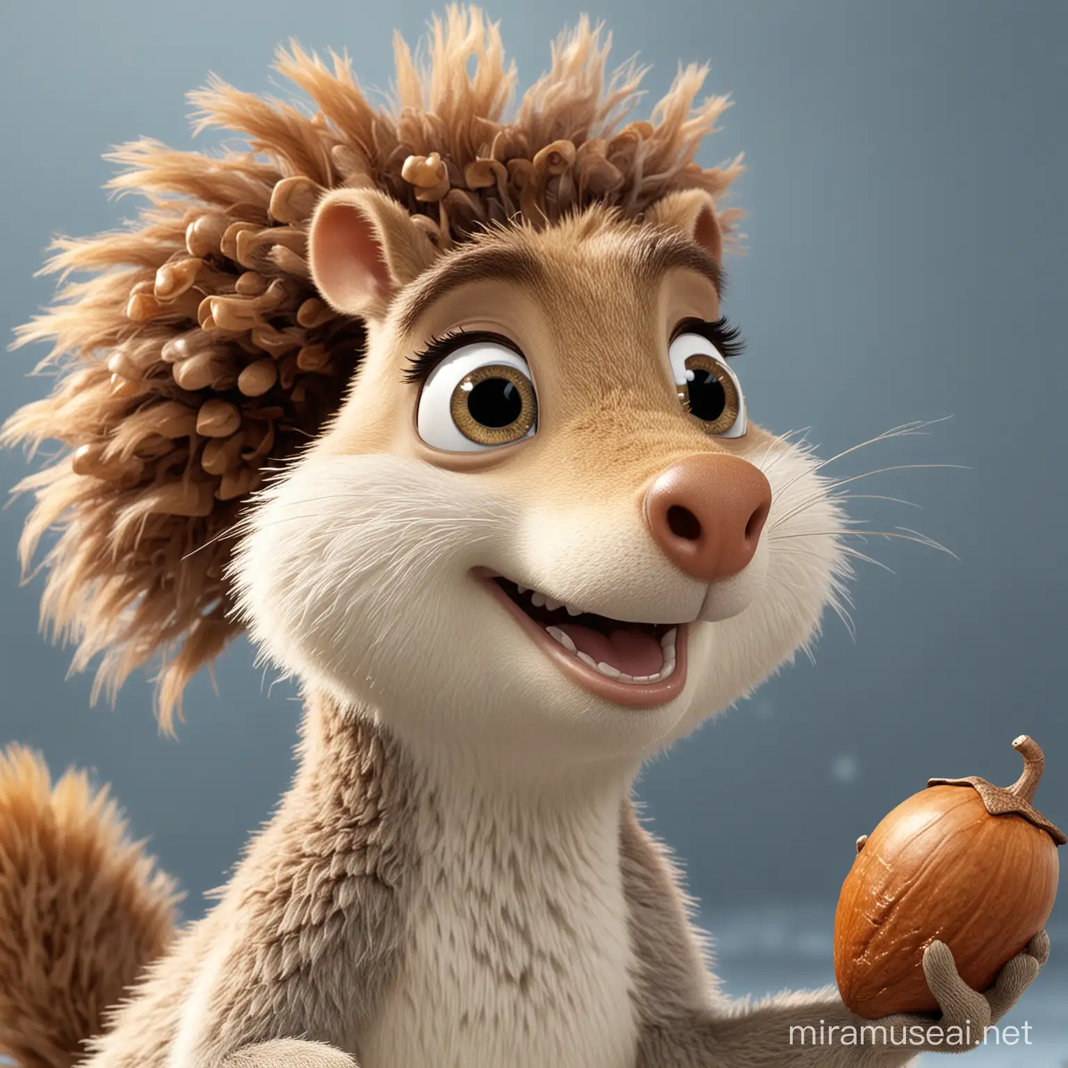 Scrat from Ice Age with curly female hair and holding an acorn
