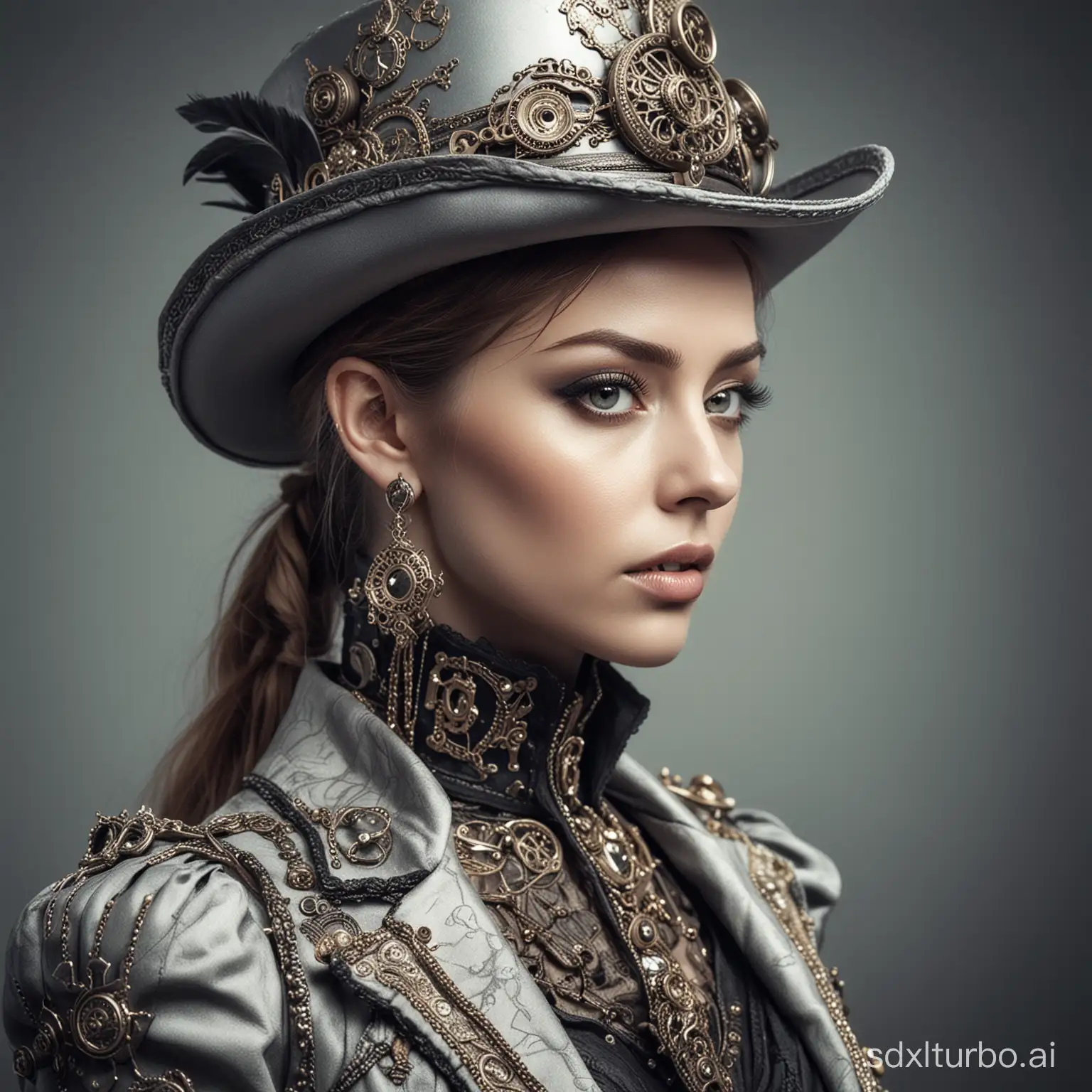 woman in jacet and hat, low color, high key, baroque style, extremly detailed, small metal parts, steampunk style, gothic style
