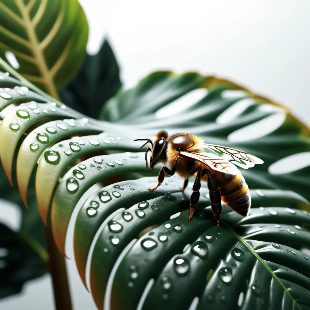 Generate a hyper-realistic close-up image capturing the serene moment of a honey bee delicately perched on a monstera plant leaf. The house plant is potted, and water droplets adorn the leaf, adding a touch of freshness. Depict the honey bee in a gentle rest on the leaf, creating a tranquil and lifelike scene. the back ground is against a white wall with a window and lots of natural sunlight