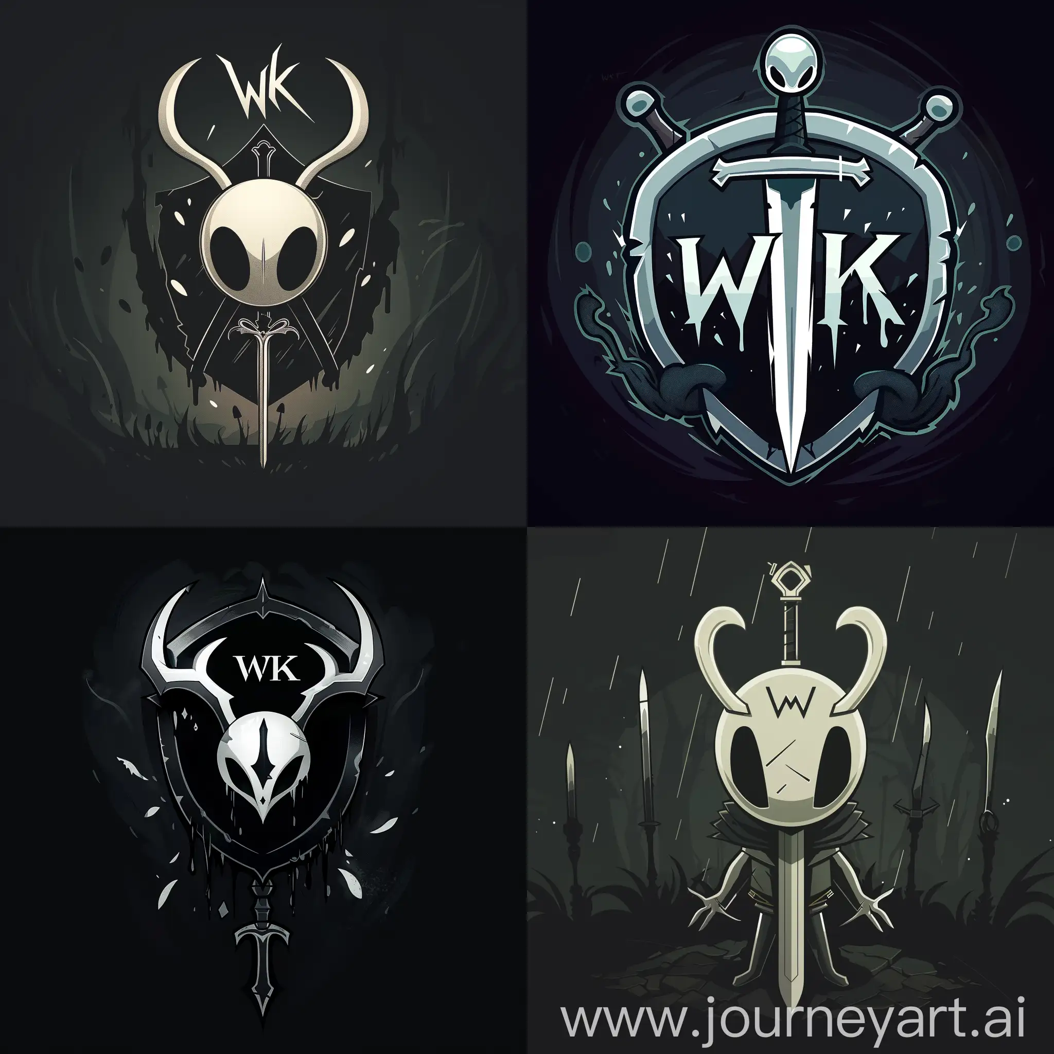 Логотипп "WK" White Knight для игры Hollow Knight, стилизации логотипа в виде символического щита или меча с элементами, характерными для игры Hollow Knight, такими как темнота и загадочность, темные тона цветов для подчеркивания атмосферы игры