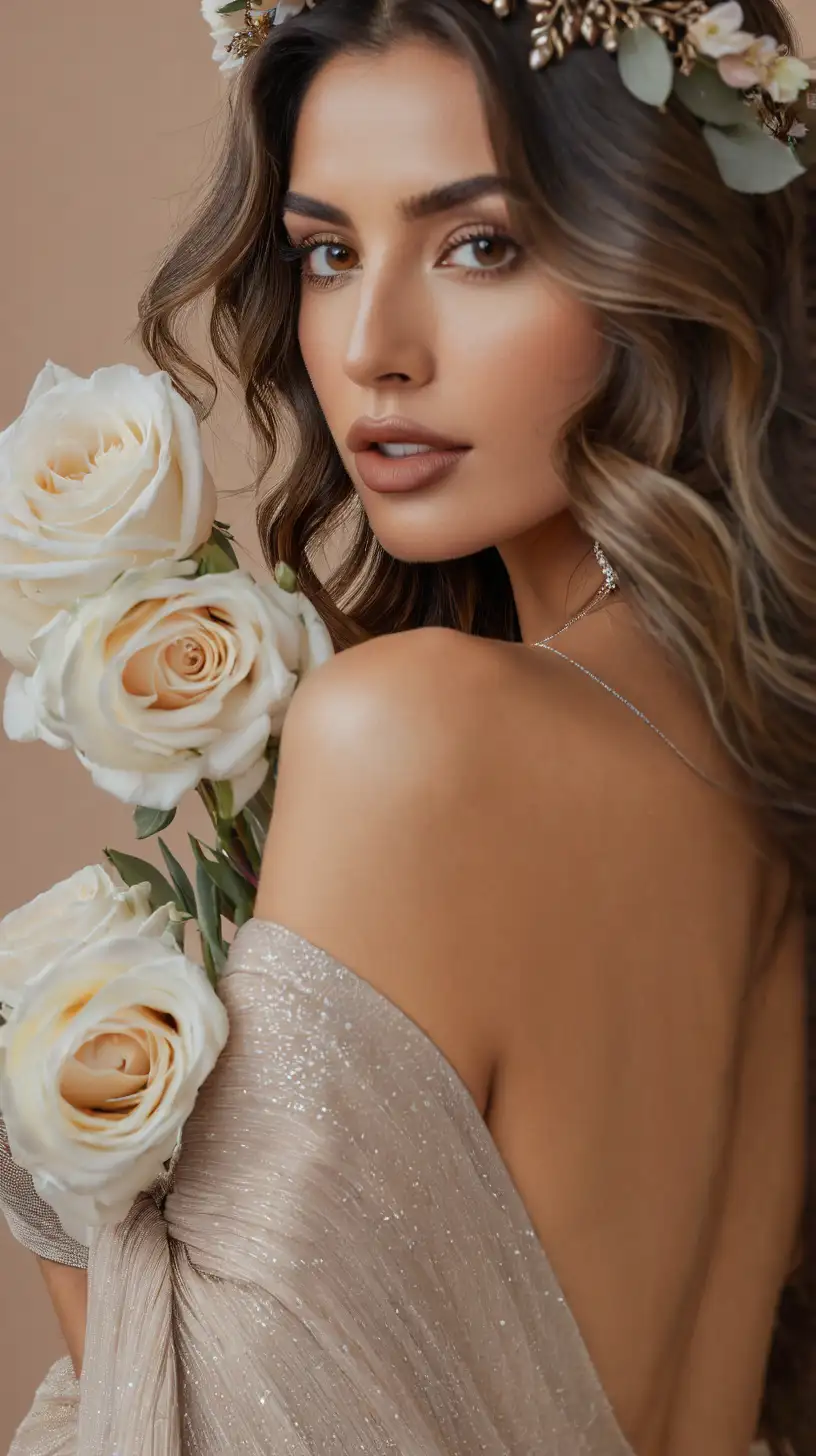 photoshoot with beige background of beautiful mexican woman, dressed nicely, nice jewelry, beautiful big matte taupe lips, makeup, long balayage wavy hair, with captivating eyes and a passionate expression, wearing flower crown, ultra-realistic