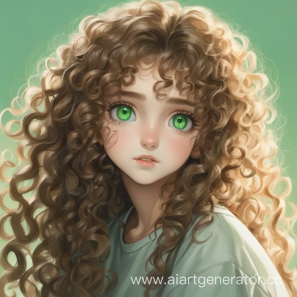 Кудрявая девушка с длинными волосами, зеленоглазая 

