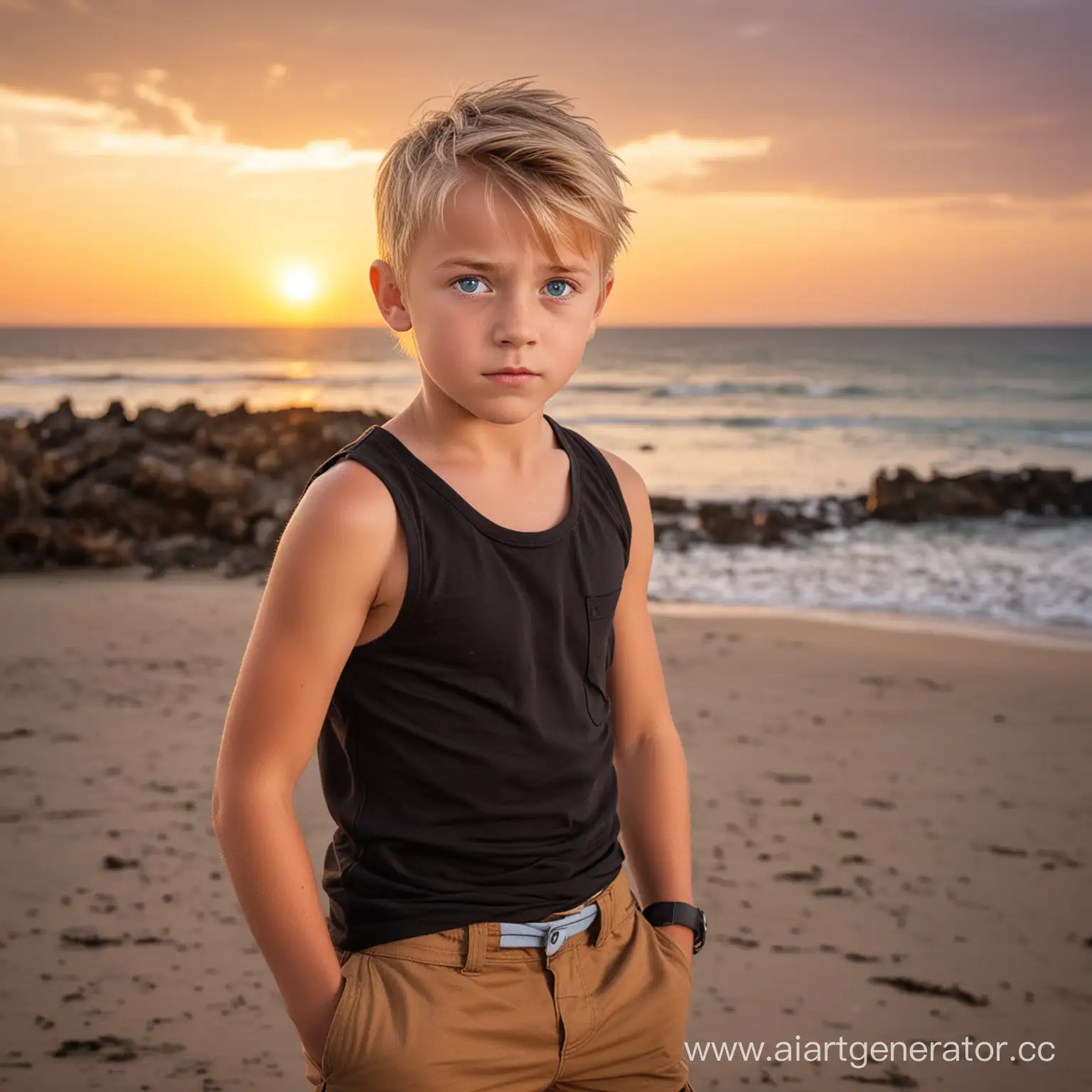 Cute boy with blonde hair and expressive blue eyes, serious expression, wearing a black tank shirt, brown cargo pants, flexing, beach background, dramatic sunset lighting