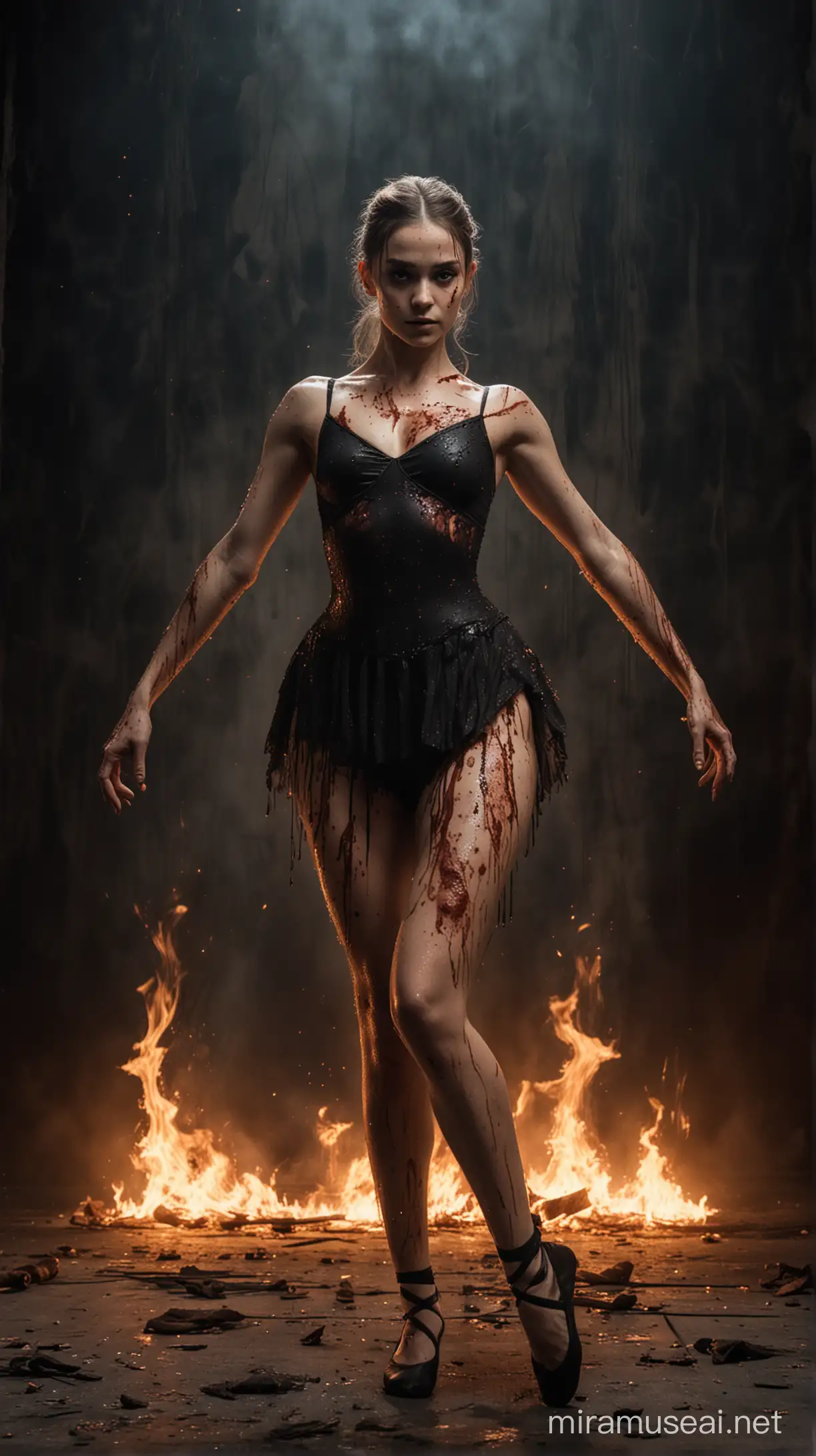 Movie Poster, dark ballet stage, at the center feminine ballerina with burn scars all over her body., burn marks on her legs and hands