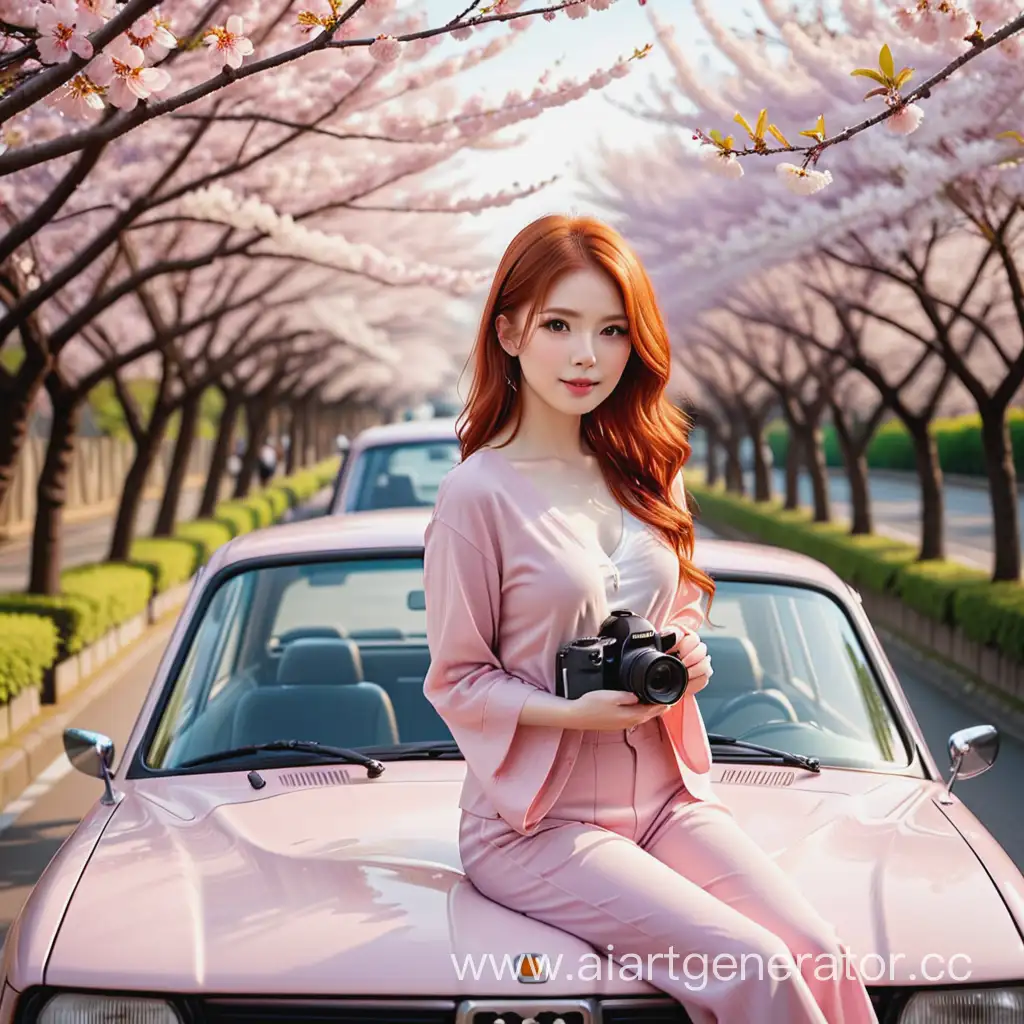 фотограф рыжая девушка на японском автомобиле рядом с сакурой