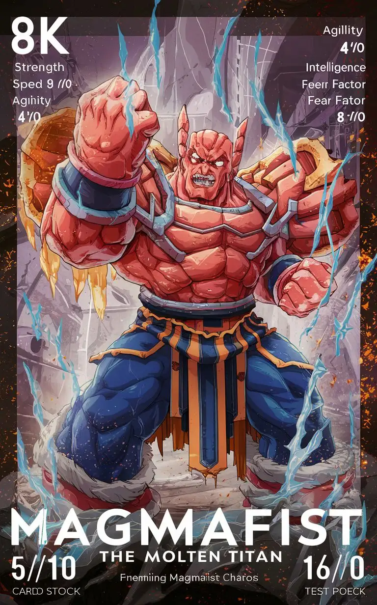 inframe add bold text""Magmafist the Molten Titan"" complex new blood collectables card include name "Magmafist the Molten Titan" anime card include stats"Strength: 9/10""Speed: 5/10""Agility: 4/10""Intelligence: 6/10""Fear Factor: 8/10" premium 14PT card stock authenticated breathtaking 8k 16k  visuals --chaos 90 --testpfx