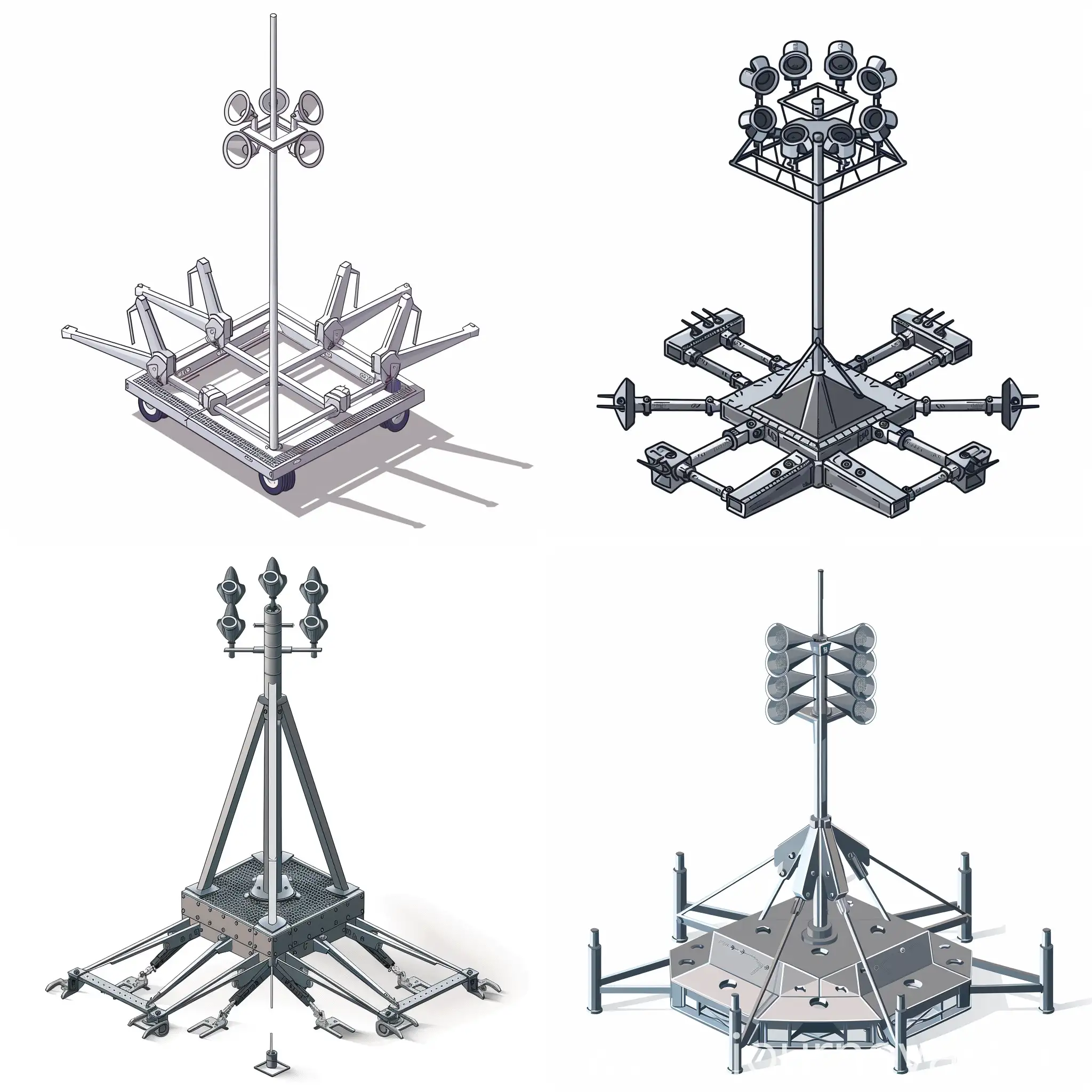 small minimalist simple metallic structure tow dolly alike  with six metallic arms around  for ground support with one pole structure in the center like a mast with a vertical arrangement of 6 doble sirens horns facing the same direction on the top of the pole with a triangular front for hauling attachment tow platform, stencil for Visio, simple minimalist illustration, low detailed, isometric, white background, warning alert, icon type, industrial structure, no futuristic