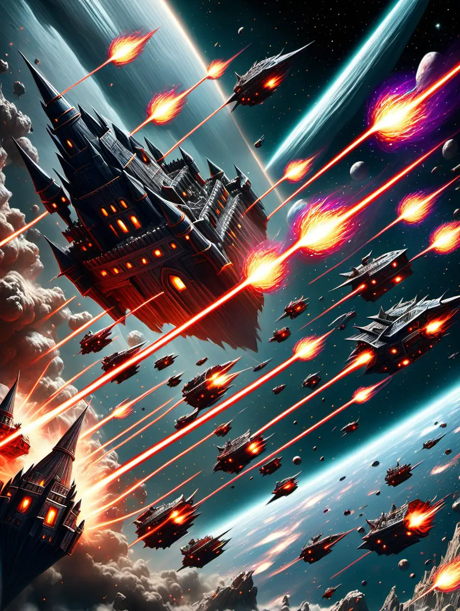 many medieval castles flying through space, firing laser canons at each other that impact lit shield surrounding each at a distance, a space battle 